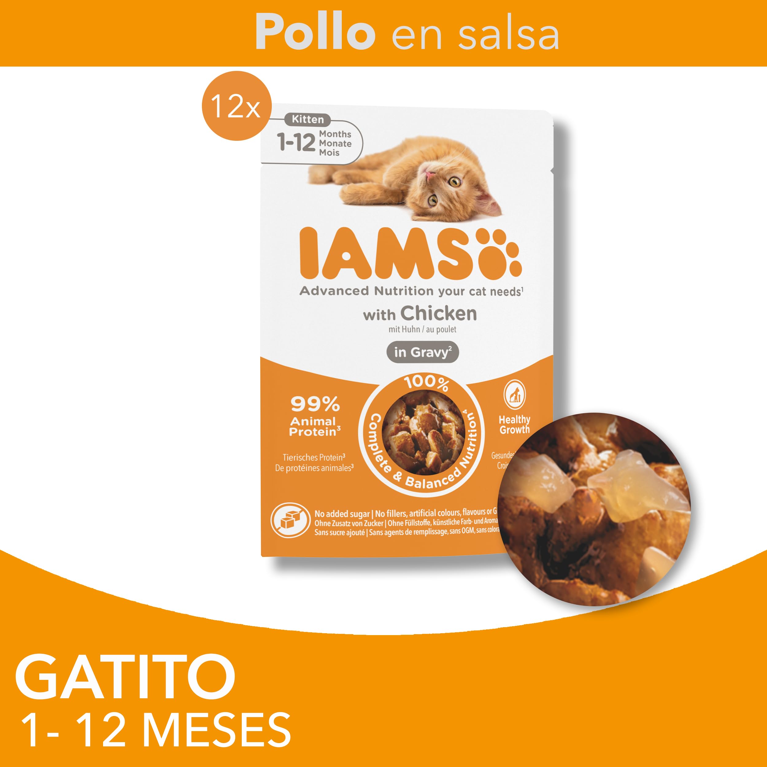 IAMS Advanced Nutrition Alimento húmedo en Salsa, para Gatitos con Pollo, 12 x 85g