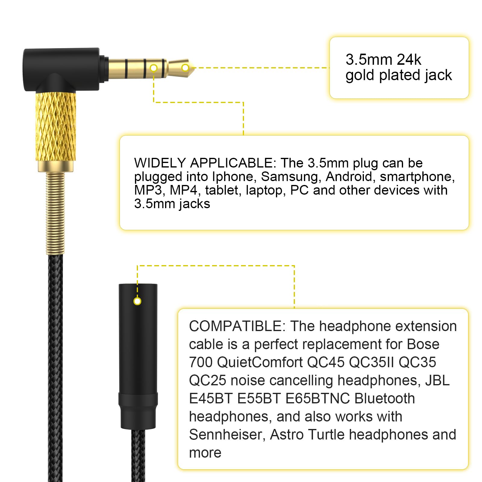 Cavo di prolunga per cuffie con controllo mute e volume, compatibile con cuffie Bose 700 QC45 QC35ii QC35 QC25, cavo audio da 3,5 mm maschio a femmina, 2 m