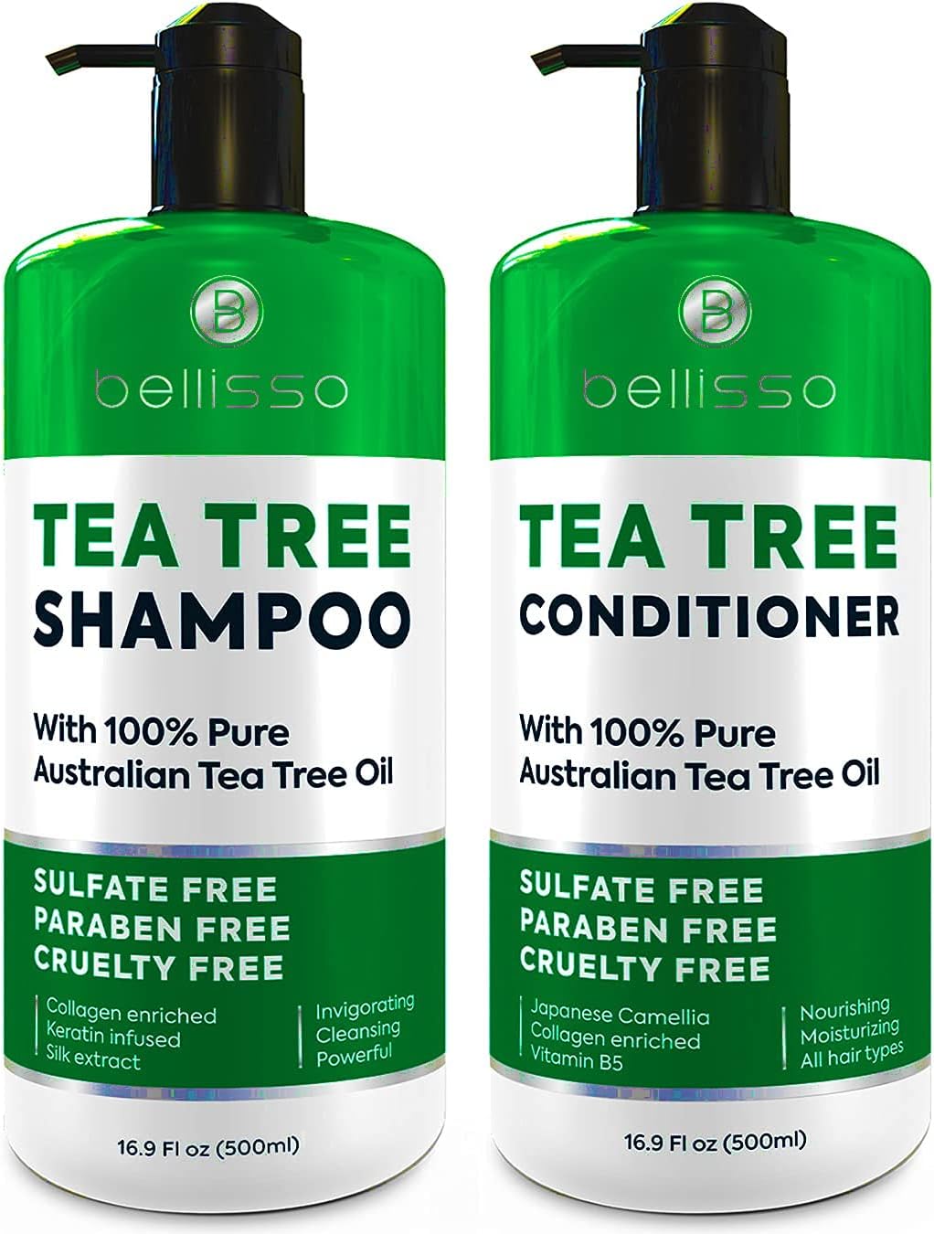 BELLISSO Tea Tree Oil Shampoo and Conditioner Set, Anti Dandruff Treatment for Itching, Dry Scalp, Ideal for Women and Men, with Oily Hair and Scalp