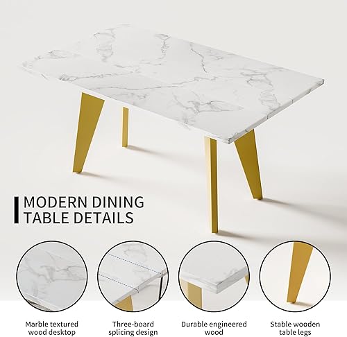 Miniatura 2 de Moderno juego de mesa de comedor de 63 pulgadas con 6 sillas acolchadas de cuero, parte superior de madera estilo mármol blanco, patas amarillas con