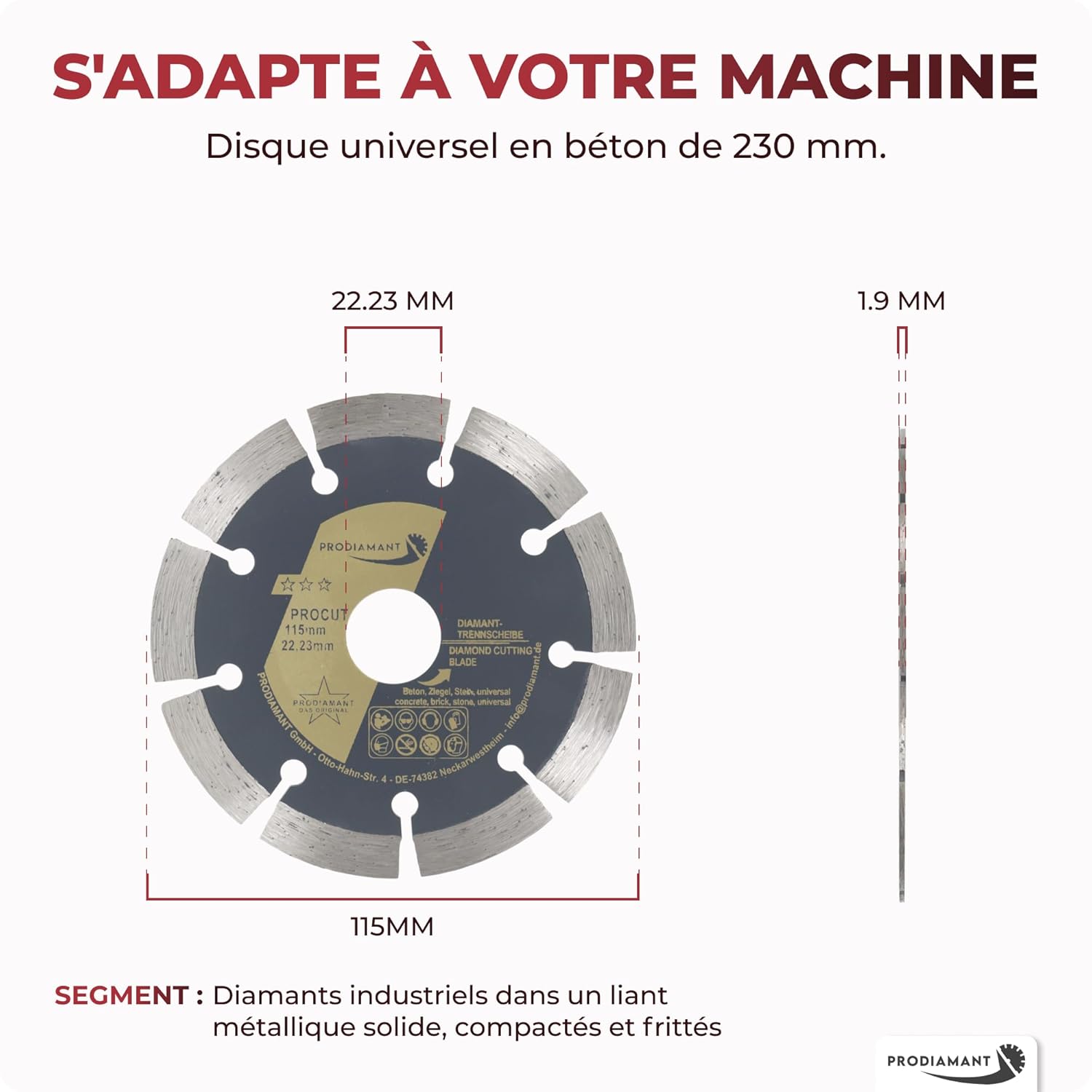 PRODIAMANT Disque Diamant Universel 115x22,2 mm pour Béton, Pierre, Brique - Segment de 10 mm - Meuleuse 115 mm - 5