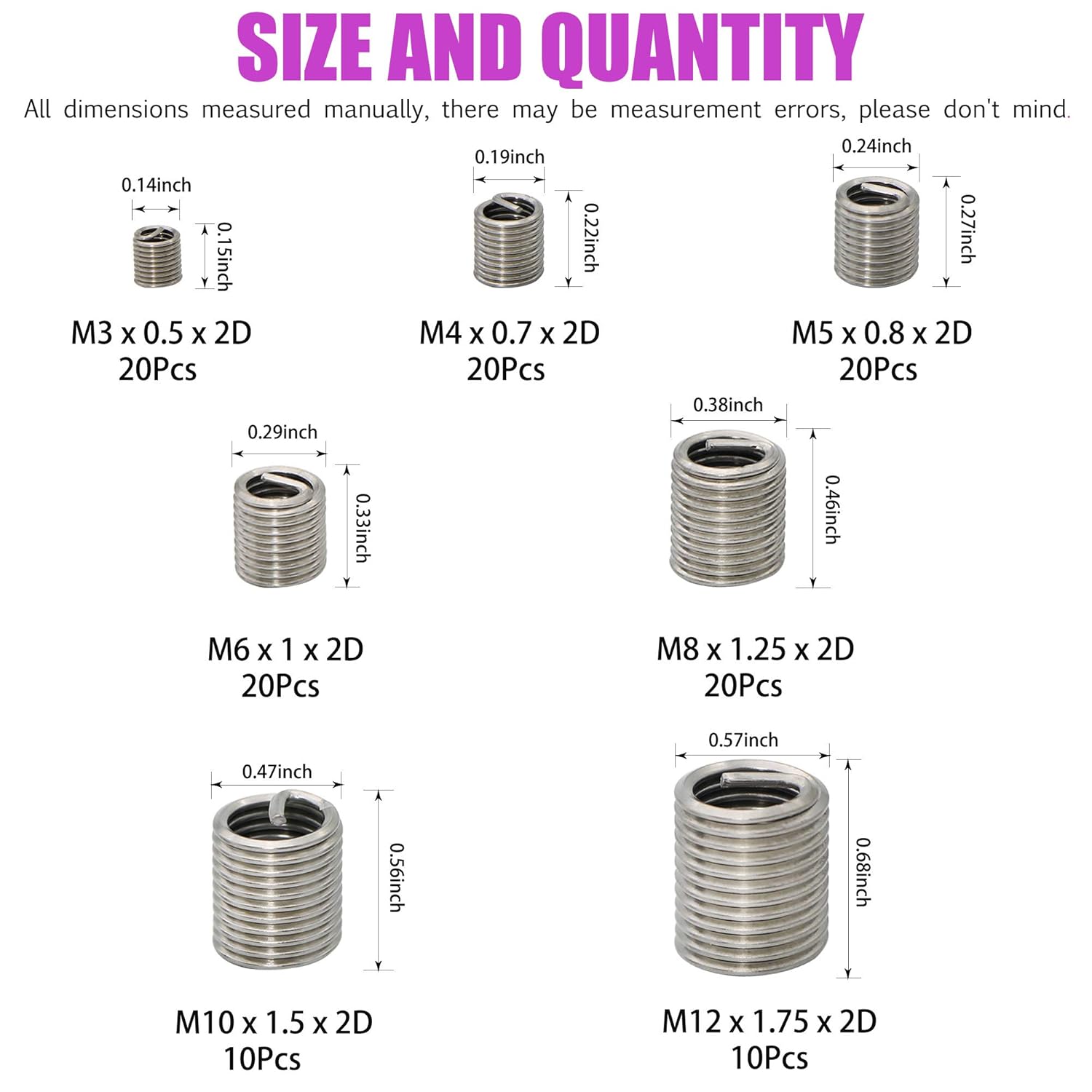 Wire Thread Inserts Metric M3 M4 M5 M6 M8 M10 M12 Thread Repair Sleeve Kit Stainless Steel Helical Type Coiled Wire Screw Repair Sleeve for Automotive Repairs-120Pcs