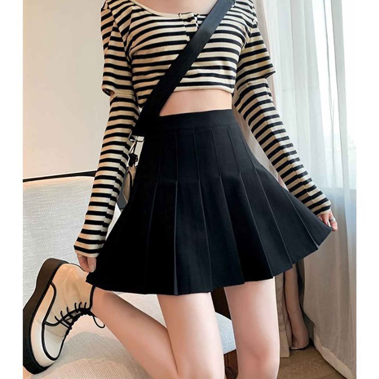 Falda plisada de cintura alta para mujer, estilo casual, a cuadros, color negro, para uniforme escolar