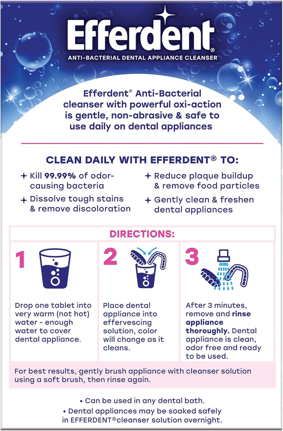 Efferdent Denture Cleaner Tablets – Dental Appliances, Aligners, Mouth Guard, and Retainer Cleaner Tablets, Complete Clean, 126 Count