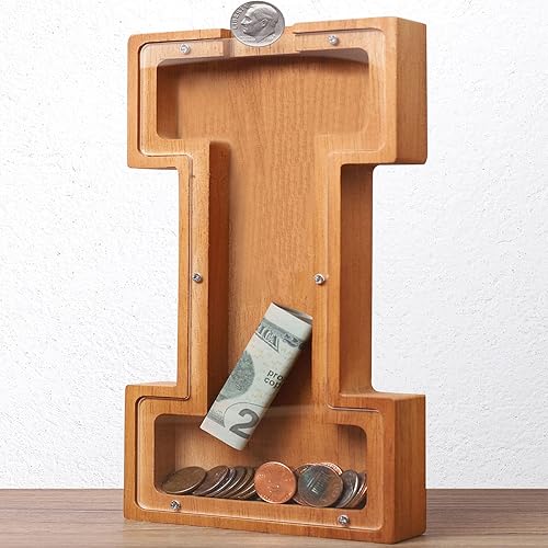 Alcancía de Letras de Madera para Niños y Niñas, Banco de Dinero Grande de 26 Alfabetos, Banco de Monedas Transparente para Ahorrar con Nombre