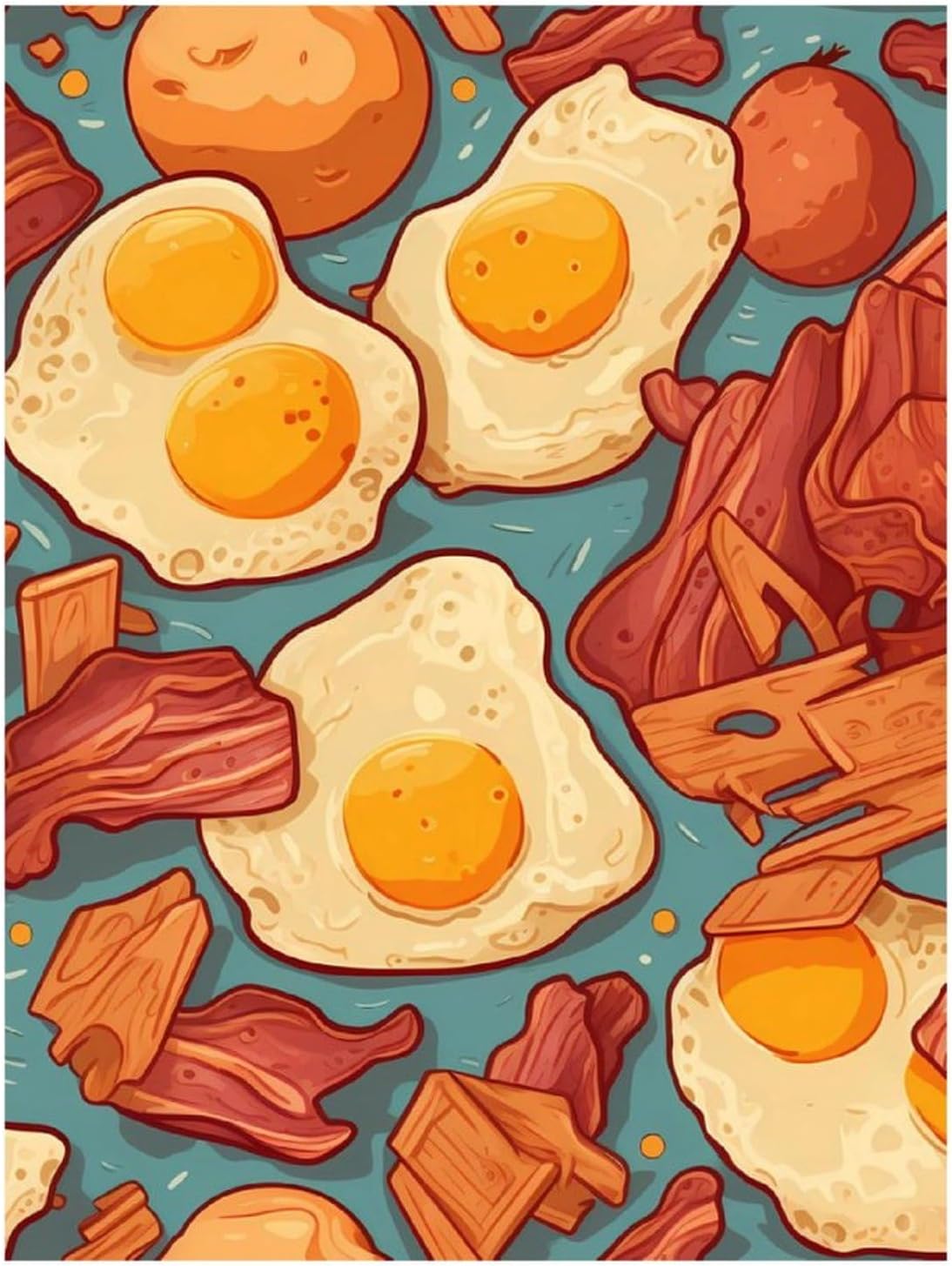 Fried Potatoes Bacon Eggs Pancakes Custom Diamond Art Kits for Adults Round Full Drill Picture for Home Decoration