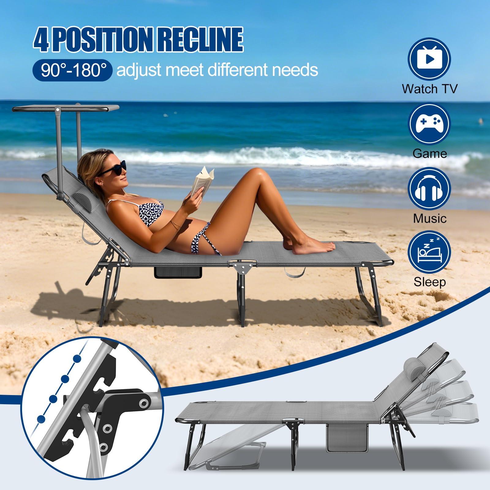 Sonnenliege mit Dach & Kopfkissen, Liegestuhl leicht-Extra Breit-mit Verstellbarer Rückenlehne & Seitentasche, Gartenliege, Strandliege Tragbar für Strand-Pool-Garten, Hochwertige Stoffe, Tiefer Wald