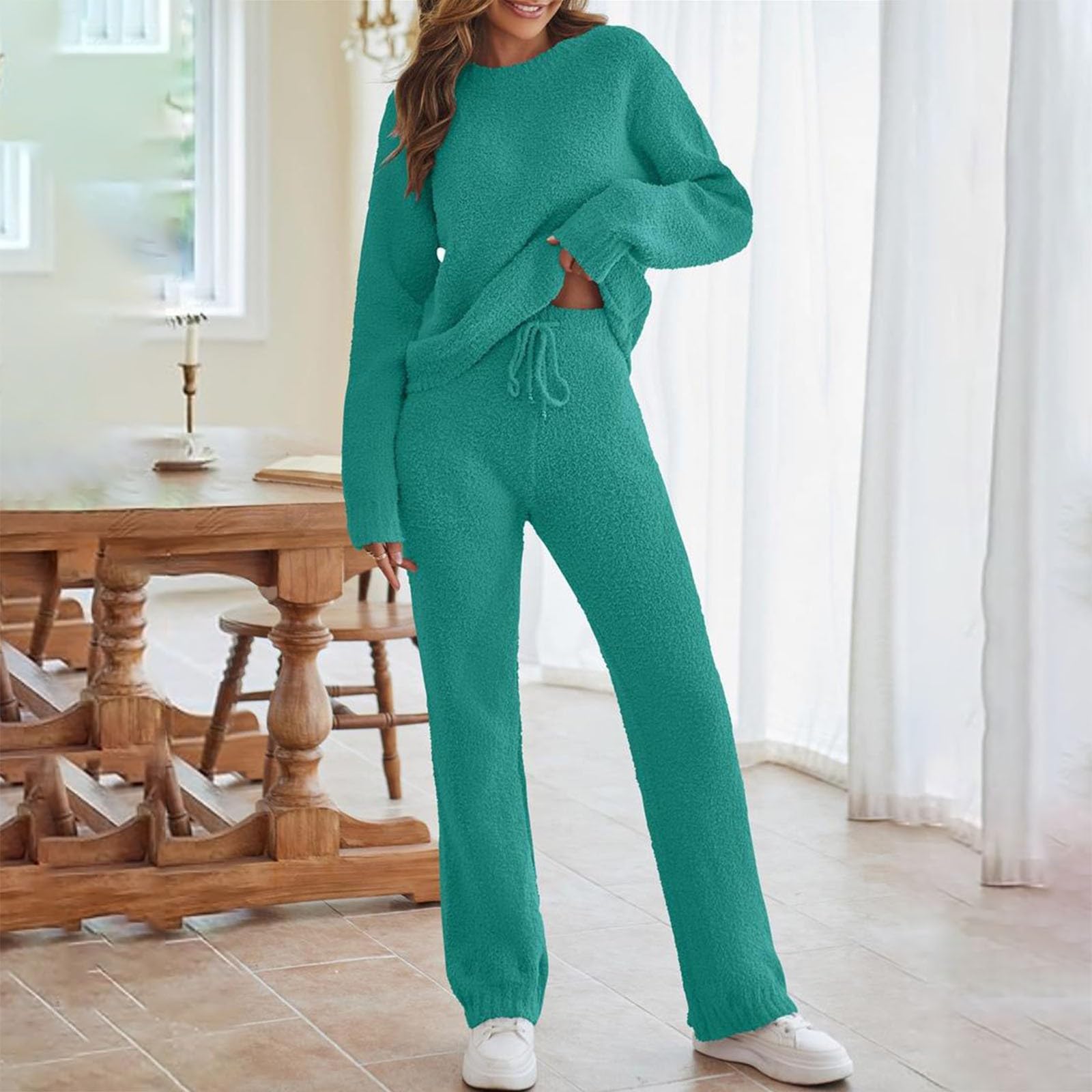 Pigiama lungo da donna, morbido e caldo, set di biancheria da notte in pile, 2 pezzi, maglioni e pantaloni di peluche con coulisse, tinta unita, per il tempo libero, comodo locker