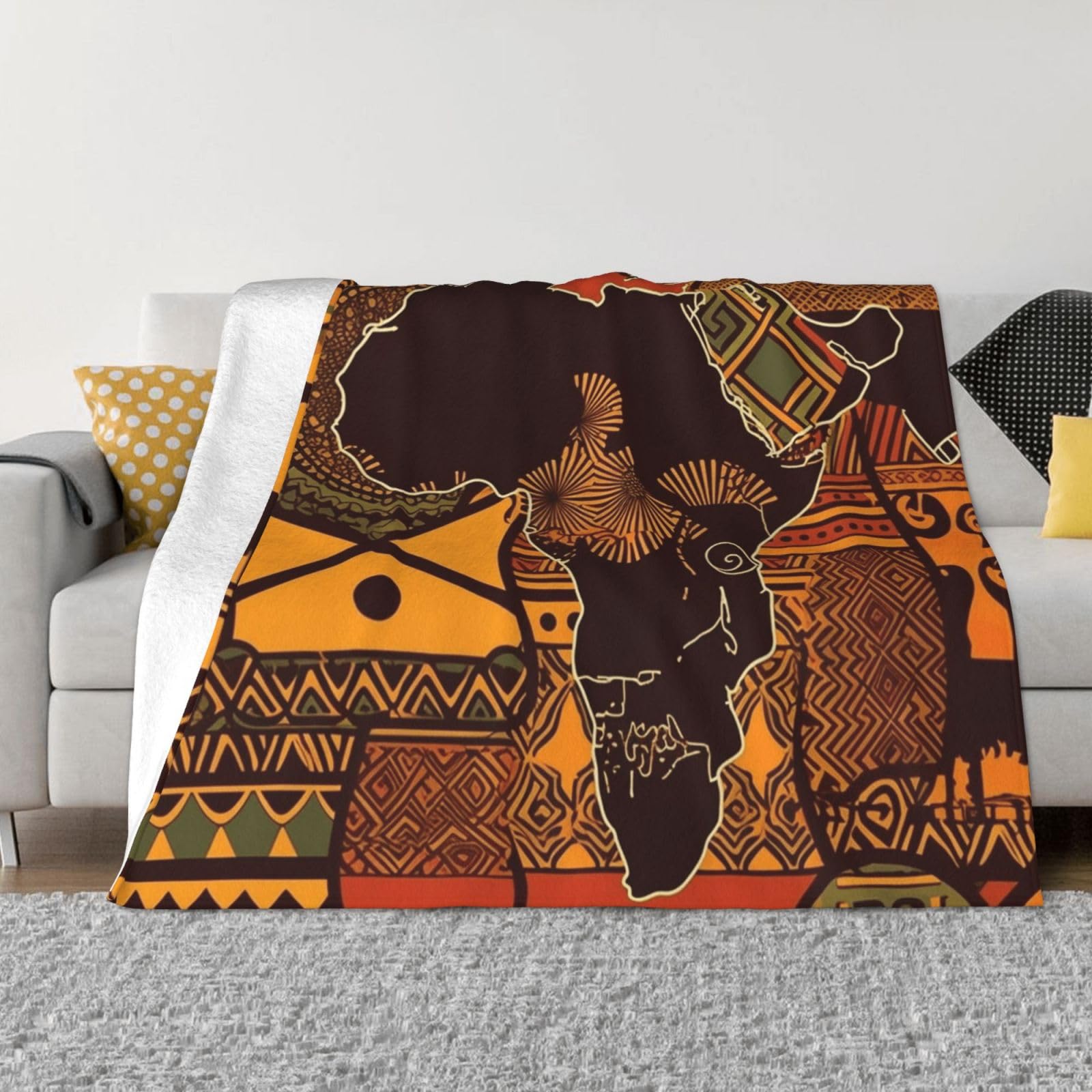 African Map Ethnic Pattern Throw Blanket 60"x50" Flannel Fluffy Warm Blanket for Couch, Reversible Plush Blankets for Bed, Comfy Fuzzy Blanket for Sofa, Plush Lightweight-Blankets for All Season