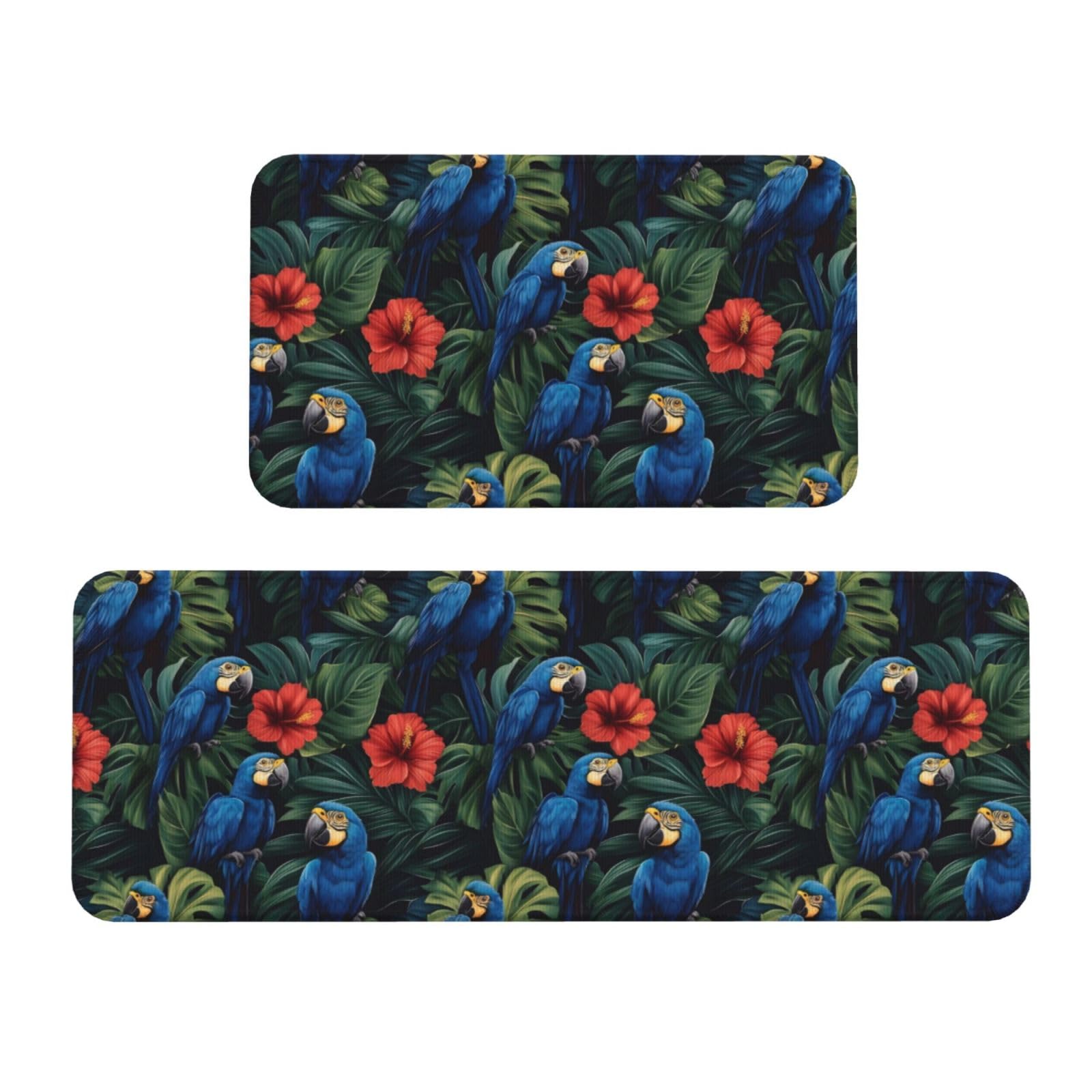 GVYGVY Antifatigue Kitchen Mats for Floor 2 Piece - Tropical Blue Parrots Print Kitchen Rugs Washable, Non Slip Runner Rug Standing Mat for Office/Bathroom/Laundry/Home Decor and Accessories