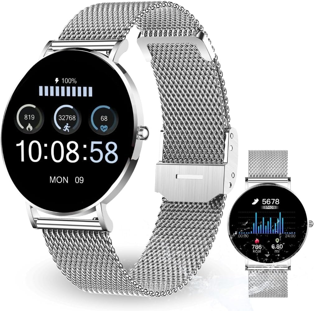 XCOAST SIONA 2 smartwatch da donna (4,2 cm) iOS e Android, Fitness Tracker, AMOLED, 21 sport, 150 watchfaces, ossigeno nel sangue, ultra piatto (6,9 mm), impermeabile, impulso, pressione sanguigna