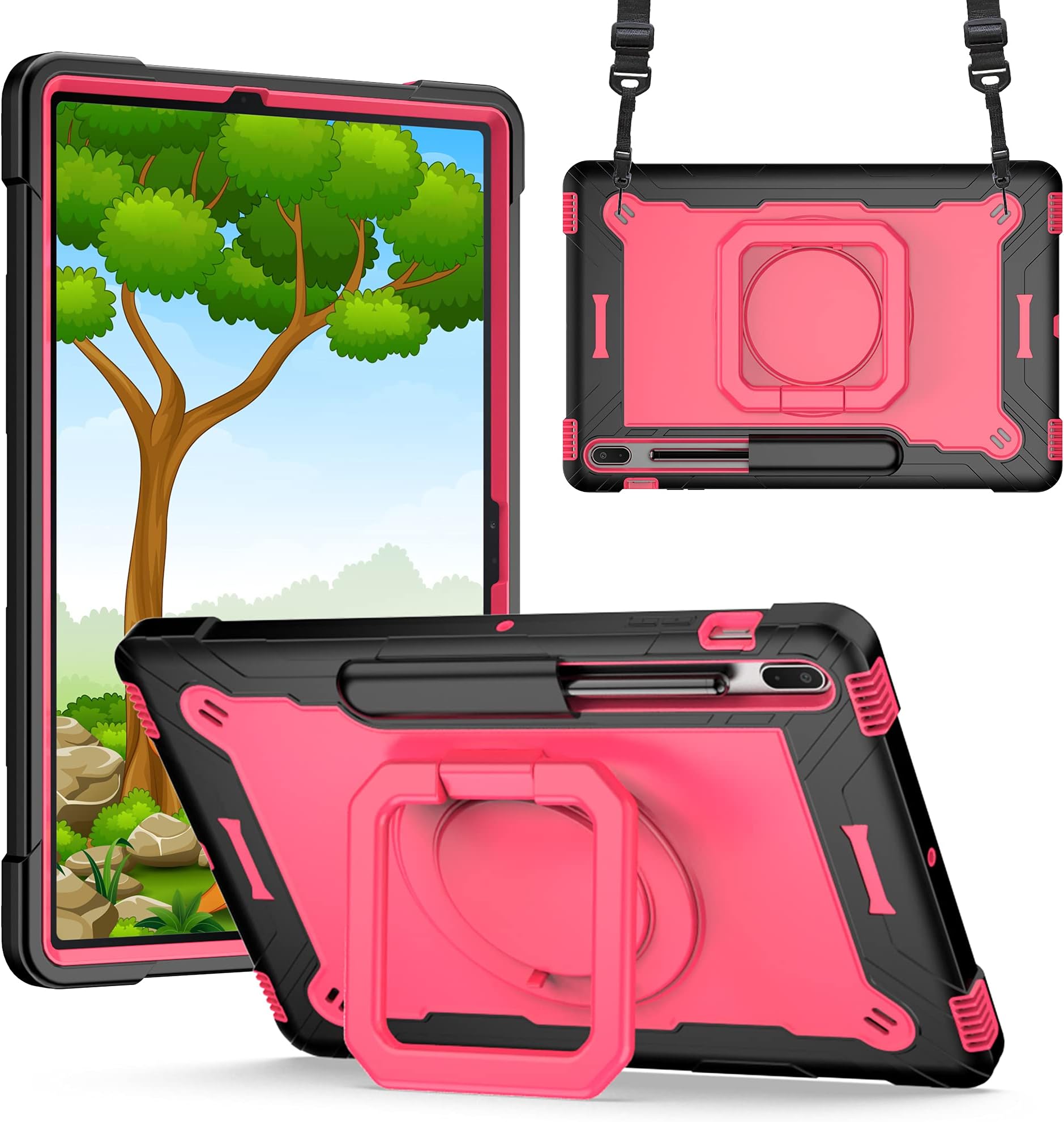 Galaxy Tab S8 Plus Case/Galaxy Tab S7 FE 5G Case Kids/S7 Plus Case 12.4 inch, Dteck Rugged Shockproof Case with Handle & 360ยฐSwivel Kickstand Case for Samsung Tab S8 Plus/S7+/S7 FE 12.4", Black & Rose