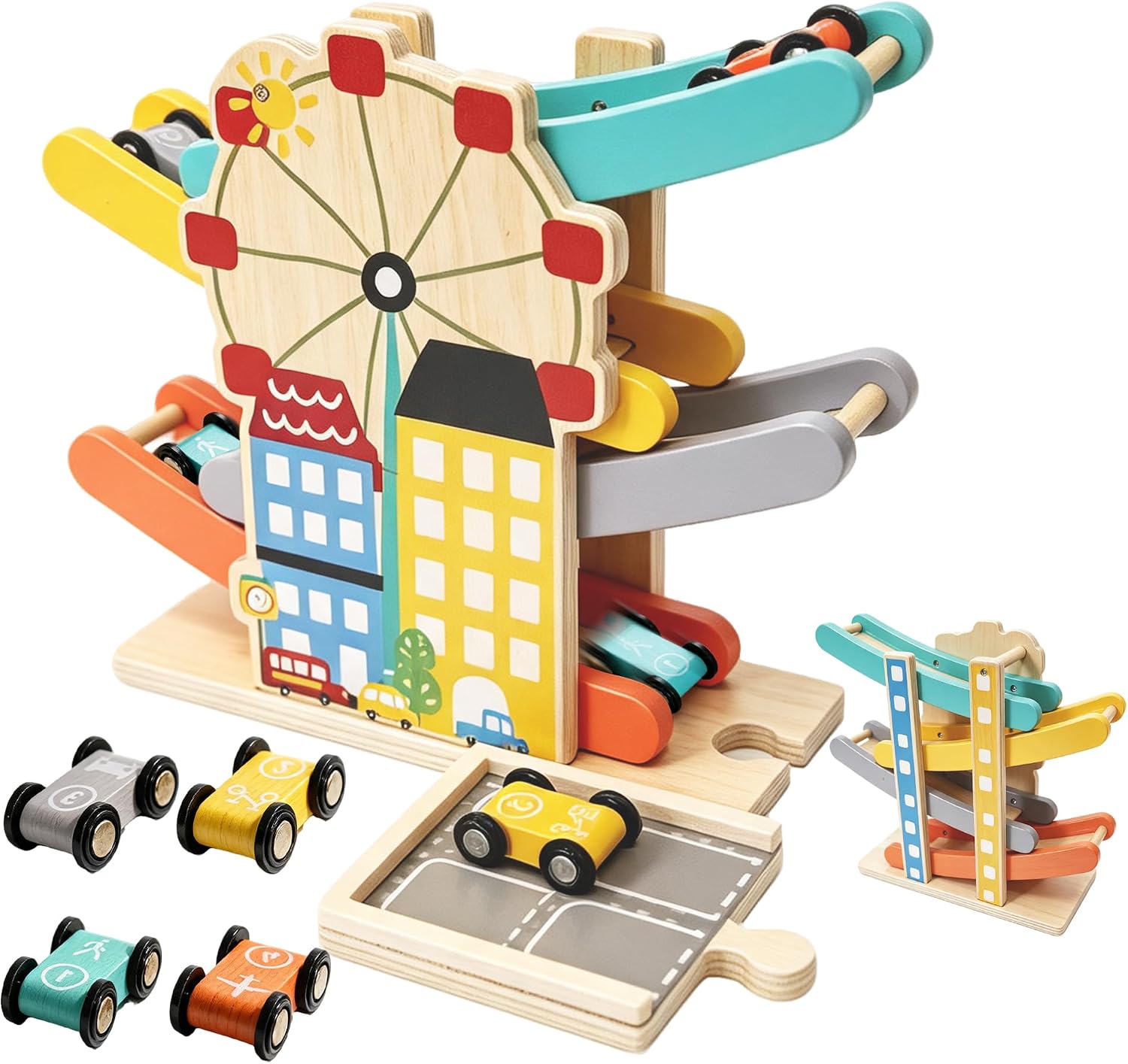 Montessori Toddler Toys for 1 2 Year Old Boys Girls, Wooden Car Ramp Toy for Toddlers 1-3,Race Track Car with 4 Mini Cars & 1 Garage, Birthday Gift for Age 12+ Month