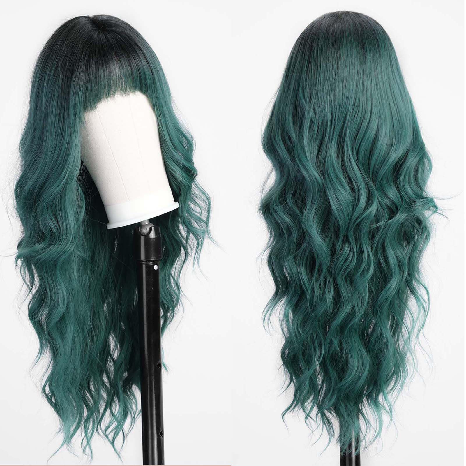 EMMOR Green Wigs with Bangs Curly Synthetic Women's Wig Long Heat-Resistant Wig for Daily Use Natural and comfortable - Image 3