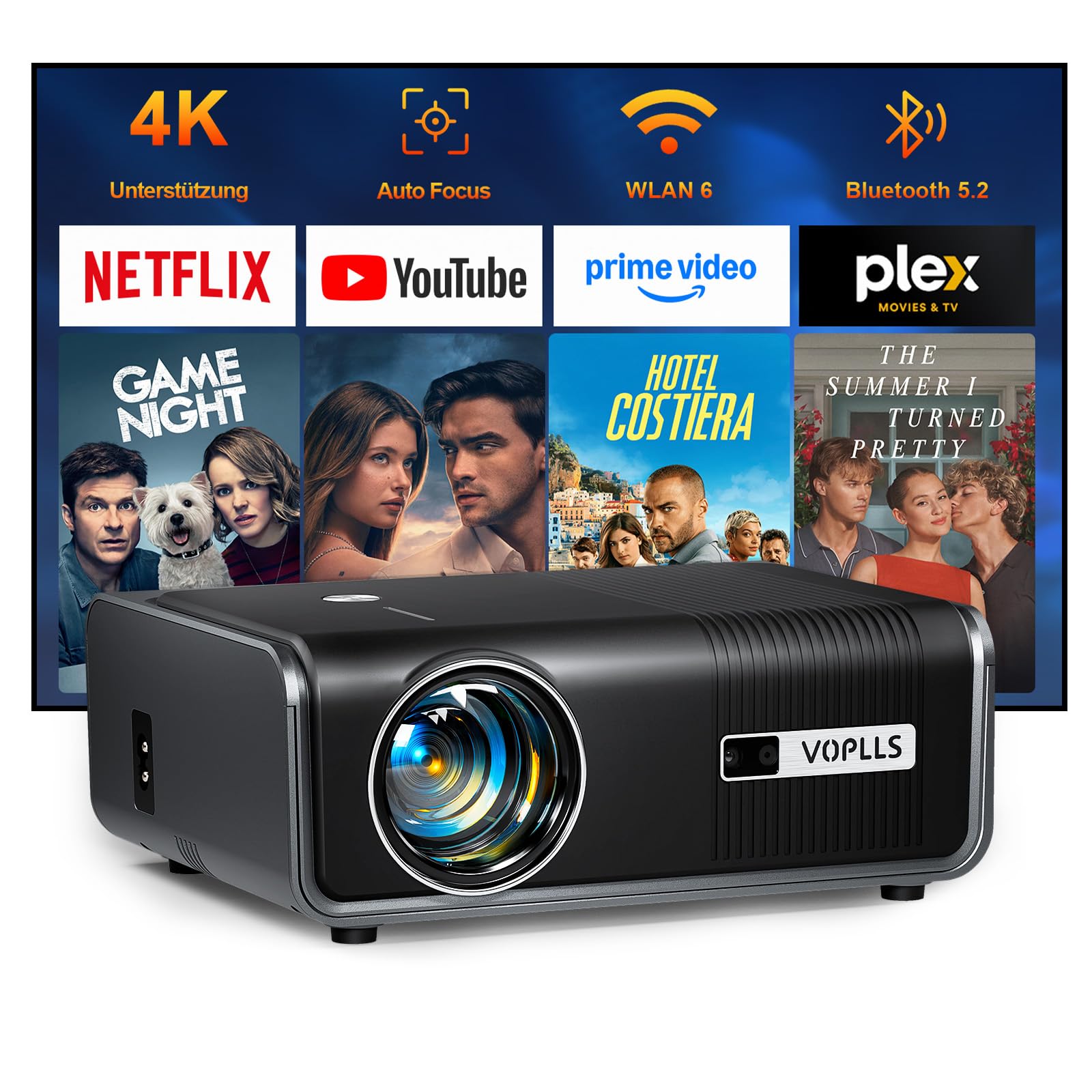 【Official App & Auto Focus/Keystone】 30000 Lumen Smart Projector 4K Support WiFi 6 Bluetooth Full HD 1080P, VOPLLS Portable Projector with Dolby Audio Projector Home Cinema for iOS/Android