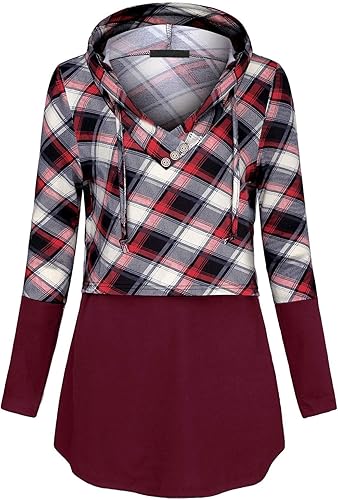 Miniatura 2 de QUINEE sudadera con capucha para mujer de manga larga a cuadros, bloque de color