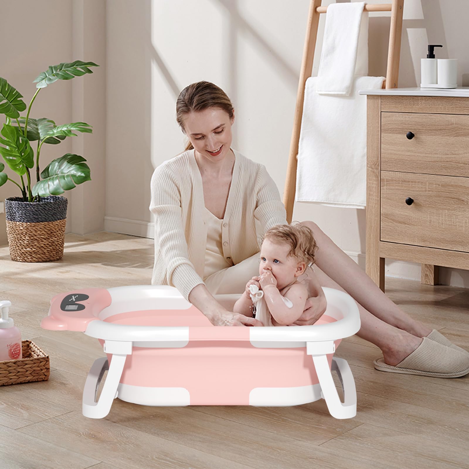 Vaschetta Bagnetto Pieghevole per Neonati e Bambini con Monitoraggio della Temperatura in Tempo Reale, Cuscino Morbido e Design Salvaspazio, Vasca da Bagno Portatile per Bambini da 0 a 36 Mesi