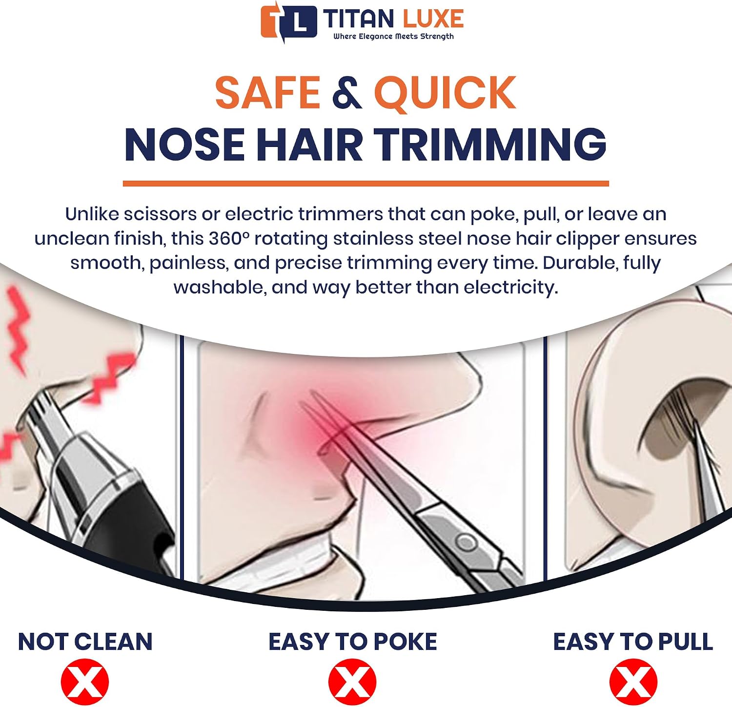 Stainless Steel Hair Trimmer for Men and Women | Manual Nose and Ear Hair Trimmer | Nose Clippers, 360° Rotating Hair Trimmers | Washable Nose Hair Remover | Black