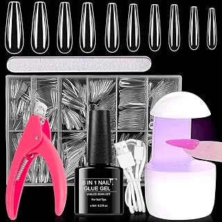 Nail Tips and Glue Gel Kit, 500Pcs Coffin Long Soft Gel Nail Tips , 6 In 1 Nail Glue with Portable Nail Lamp with nail file, Gel Extension Nail Kit for Nail Art for Nail Starter