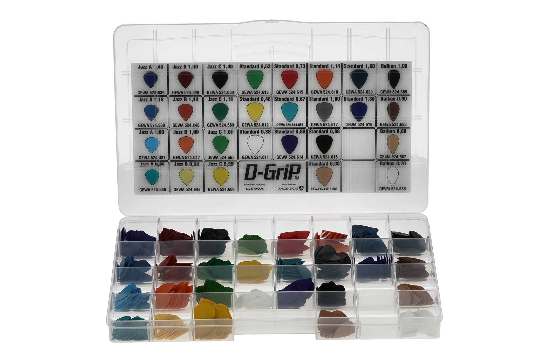 Plettro - Janicek Nylonpicks - Scatola assortita Standard 351, Jazz A, Jazz B, Jazz C, Balkan - 560 pezzi - 28 x 20 pezzi - Tutte le varietà - Tutti gli spessori - prodotto in Repubblica Ceca