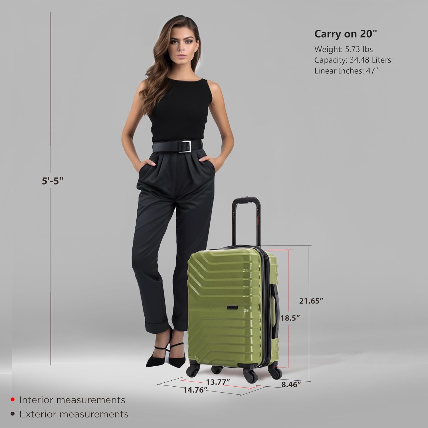 InUSA AURUM Hardside Luggage with Spinner Wheels | 20 in Durable Lightweight Carry on Suitcase for Travel | Zipper Clouser Suit Case with Gel Handles and Trolley | Green