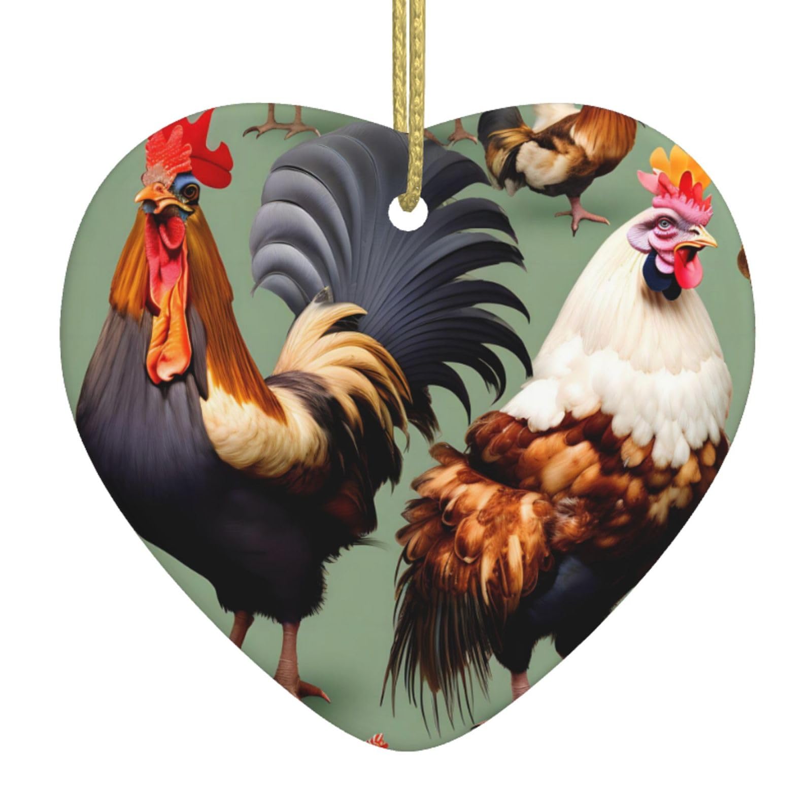 Rooster and Chicken Ceramic Christmas Heart Pendant with Silk Thread, Christmas Tree Home Decoration