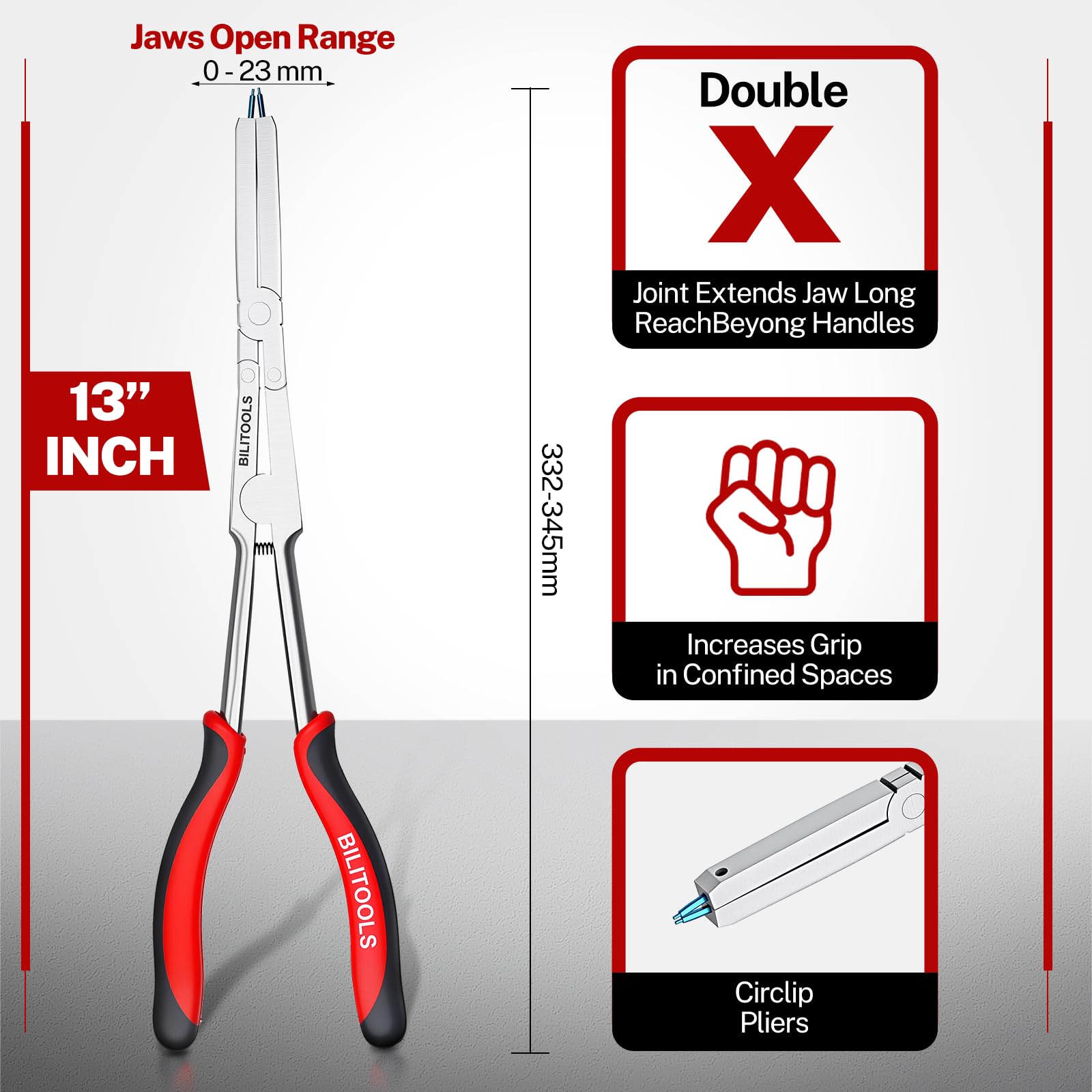 BILITOOLS Pinza extra lunga per anelli di sicurezza esterni da 33 cm, doppio snodo, ampia apertura a ganasce, per spazi ristretti e auto.