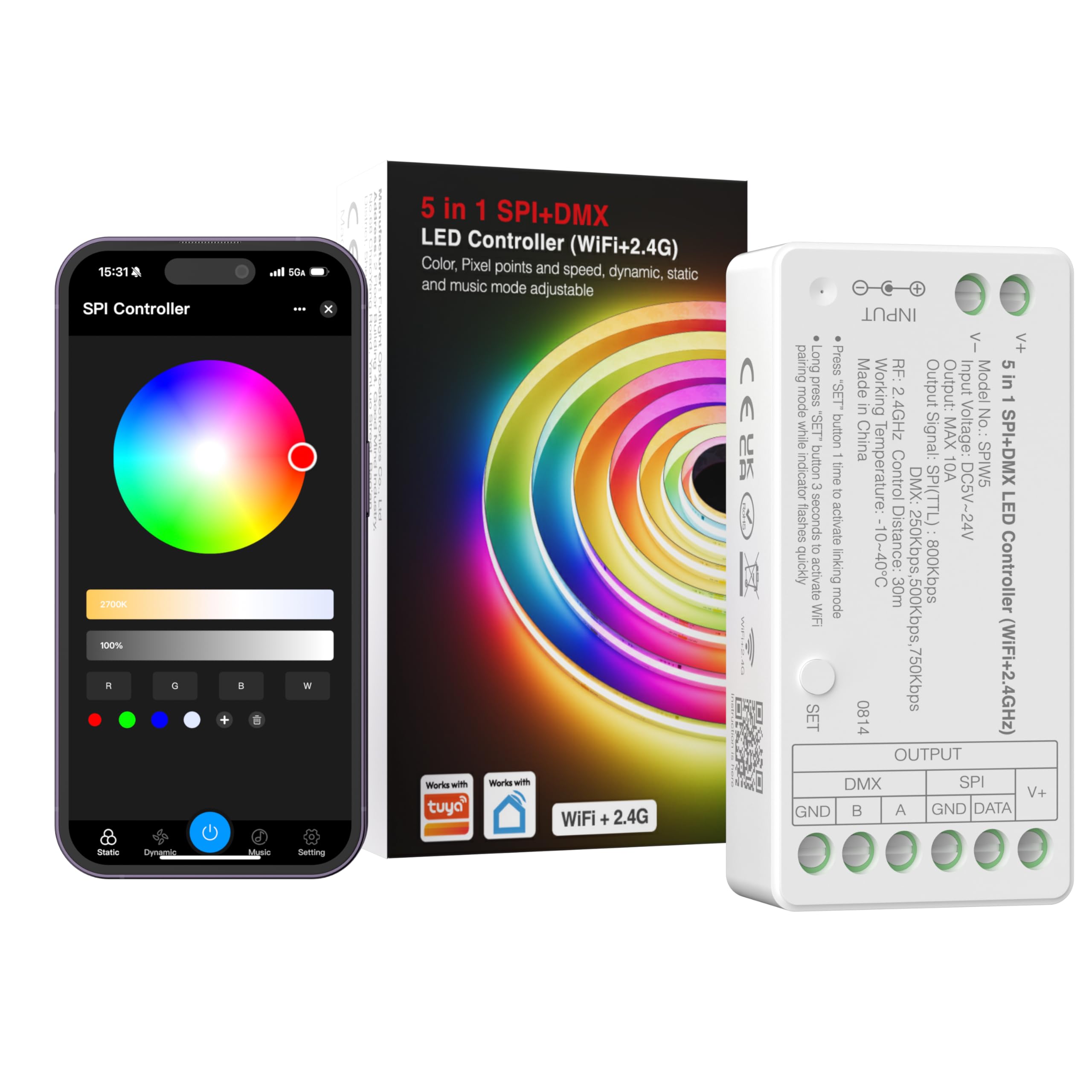 WiFi SPI+DMX SPIW5 Tuya SPI LED Controller Compatible with Alexa/Google Home,for Single Color/CCT/RGB/RGBW/RGBCCT SPI LED Strip Lights,Work with WS2811 SK6813 IC Addressable LED Strip