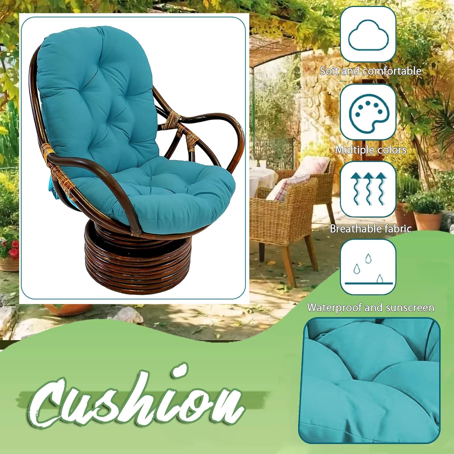 Swivel Rocker Cushion, Outdoor Rocking Chair Cushions, Overstuffed Rattan Papasan Chair Cushion Solid Color L Shape Thick for Indoor or Outdoor Rocking Chair Seats