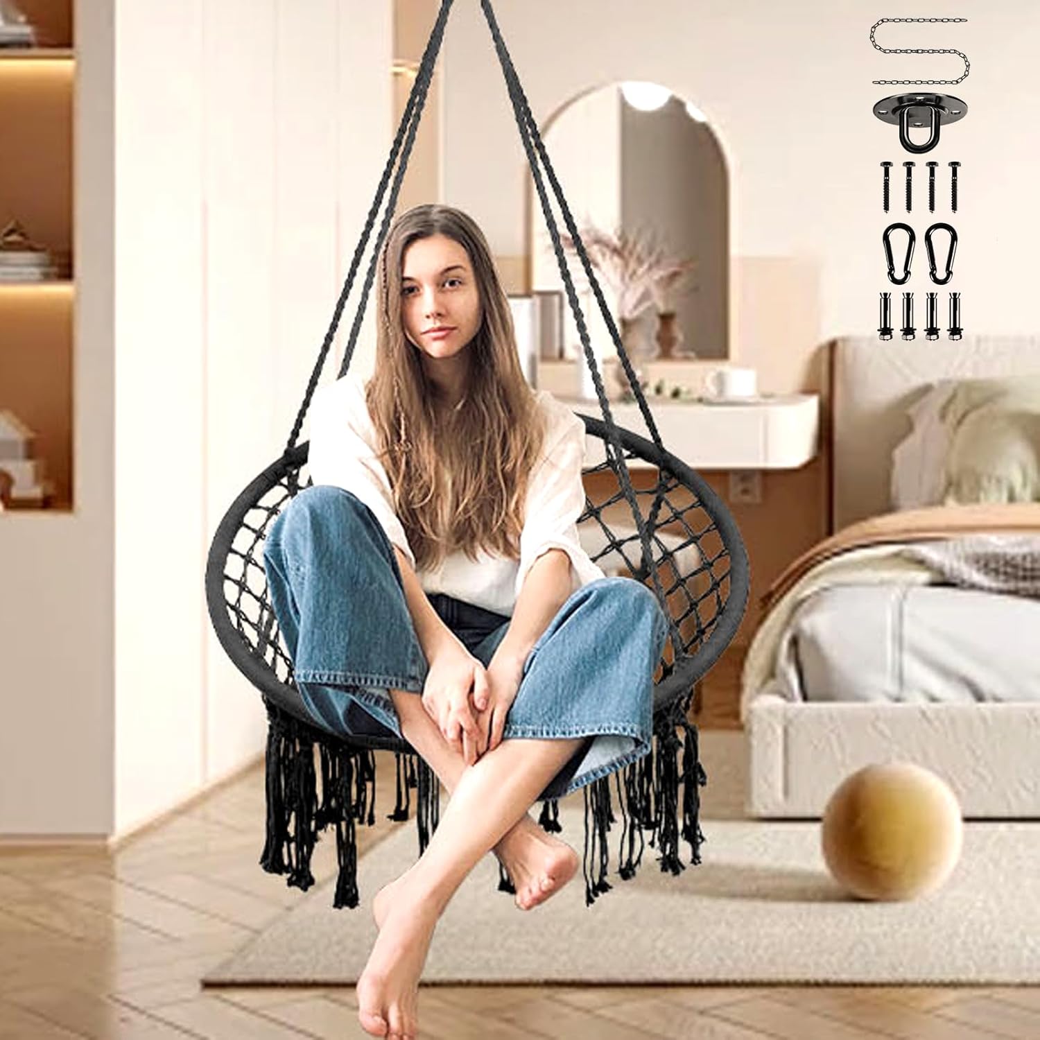 Vohala Foldable Cotton Hanging Chair Swing, Ultra-Comfort Hammock Chair with Thick Cushion, Heavy Duty 360lbs Swing Chair Outdoor Includes Hanging Kit, Hanging Chair for Bedroom/Patio (Black)