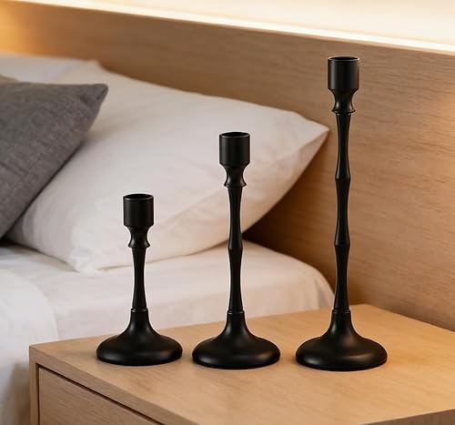 Juego de 3 portavelas cónico con textura de bambú negro mate, portavelas modernos de granja para bodas, Navidad, decoración de centro de mesa de