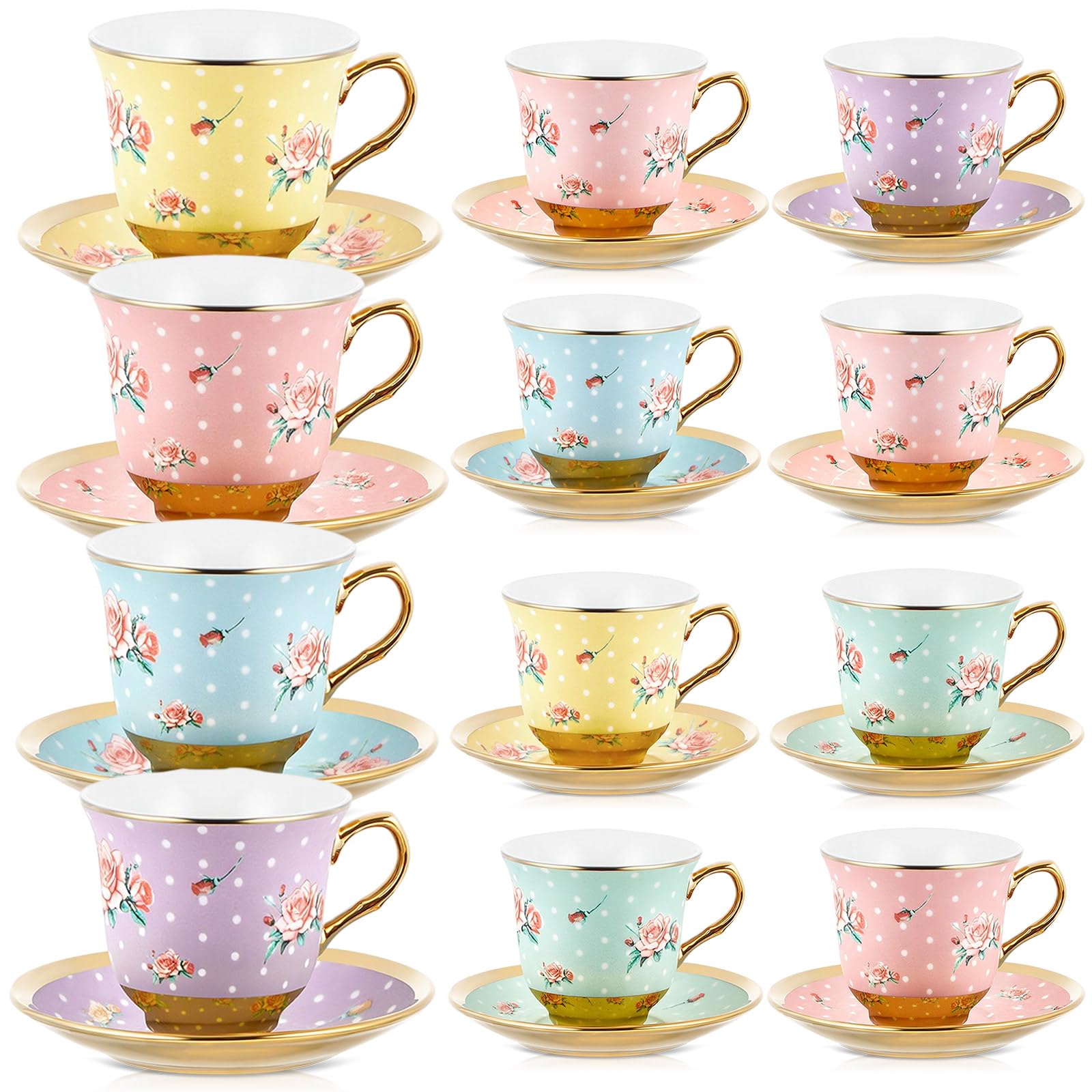 Teenyyou Set of 12 Tea Cups and Saucers, Vintage Style, 7.4 oz