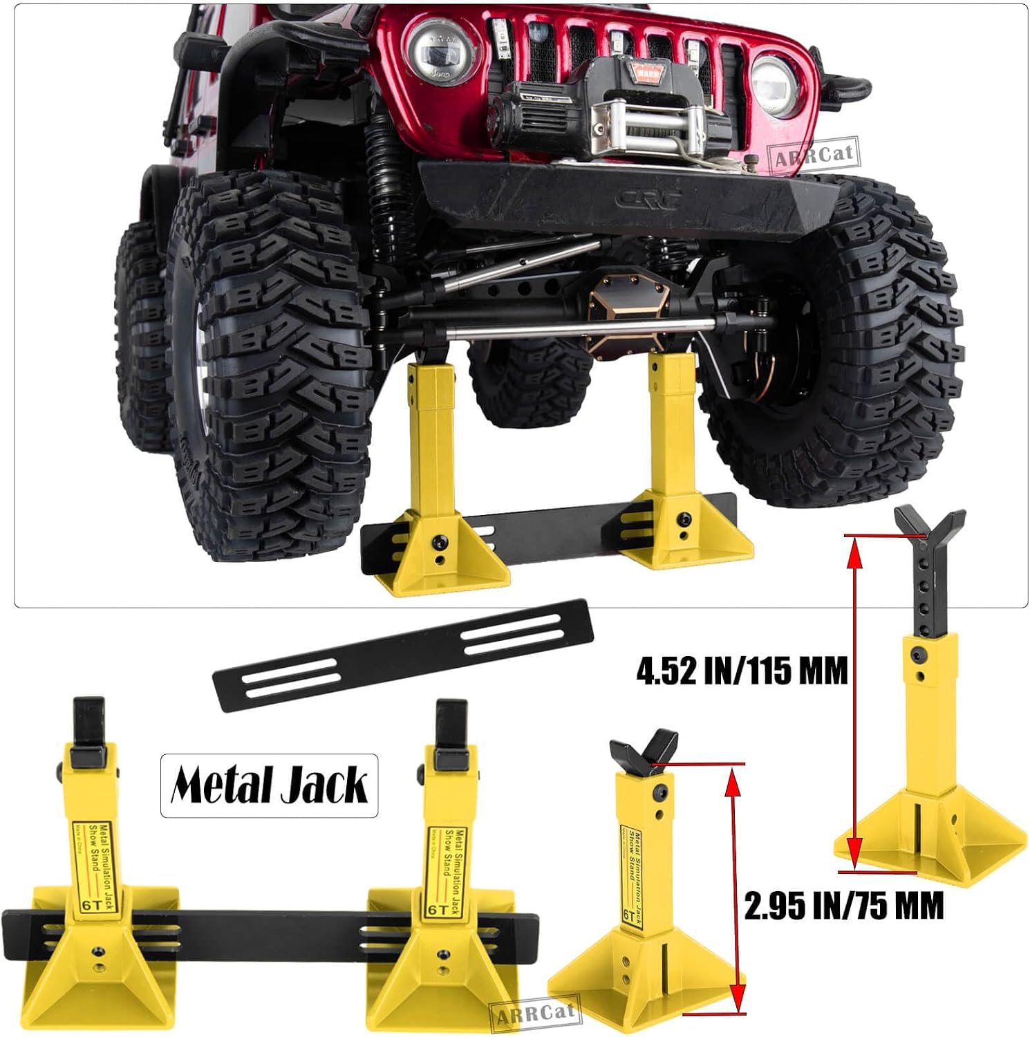 RC Metal Decoration Upgrades Part for 1/8 1/10 TRX4/SCX10 Tamiya CC01 D90 HPI HSP D110 TF2 Gen7/Gen8,Metal Lifting Jack,Slideable Jack,Scale Jack Height Stands Adjustable Jack,(9Pcs)Yellow Red