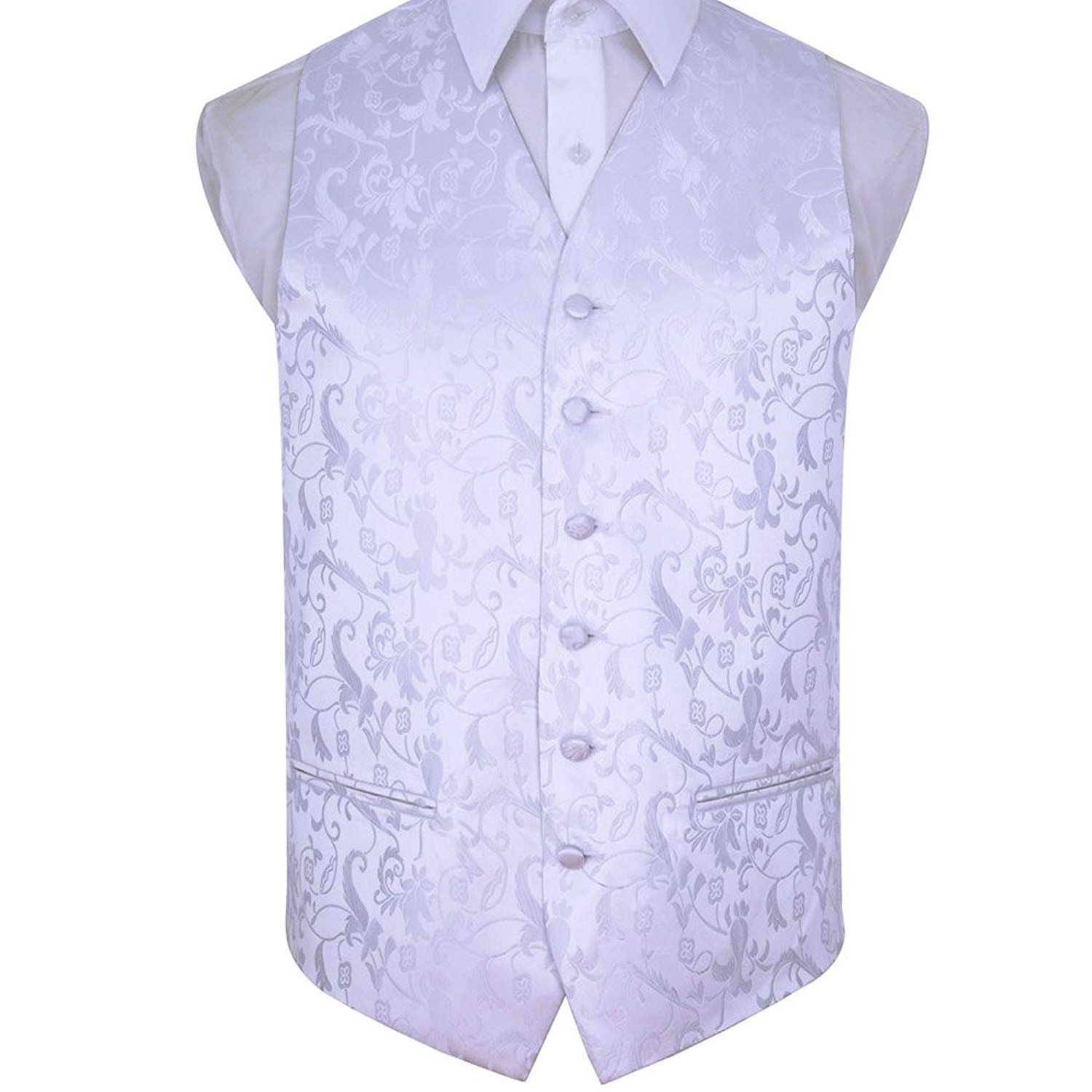 Dqt Men's White Floral Passion Jacquard Waistcoat - Wedding, Business & Formal Suit Vest - 38" (M)