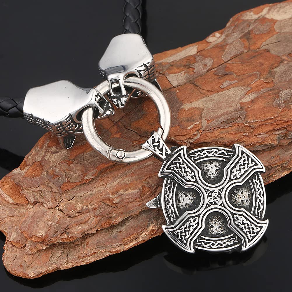 YABEME Herren Wikinger Halskette, Edelstahl Vintage Hochleistungs Odin Amulett Anhänger Geflochtene Leder Wolf Kopf Seil Kette Biker Schmuck, Mit Valknut Rune Geschenktüte