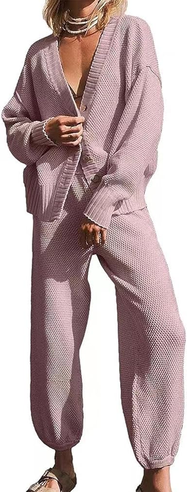 Damen Strickjacke Set Mit Weiten Hosen - Zweireihiger Anzug