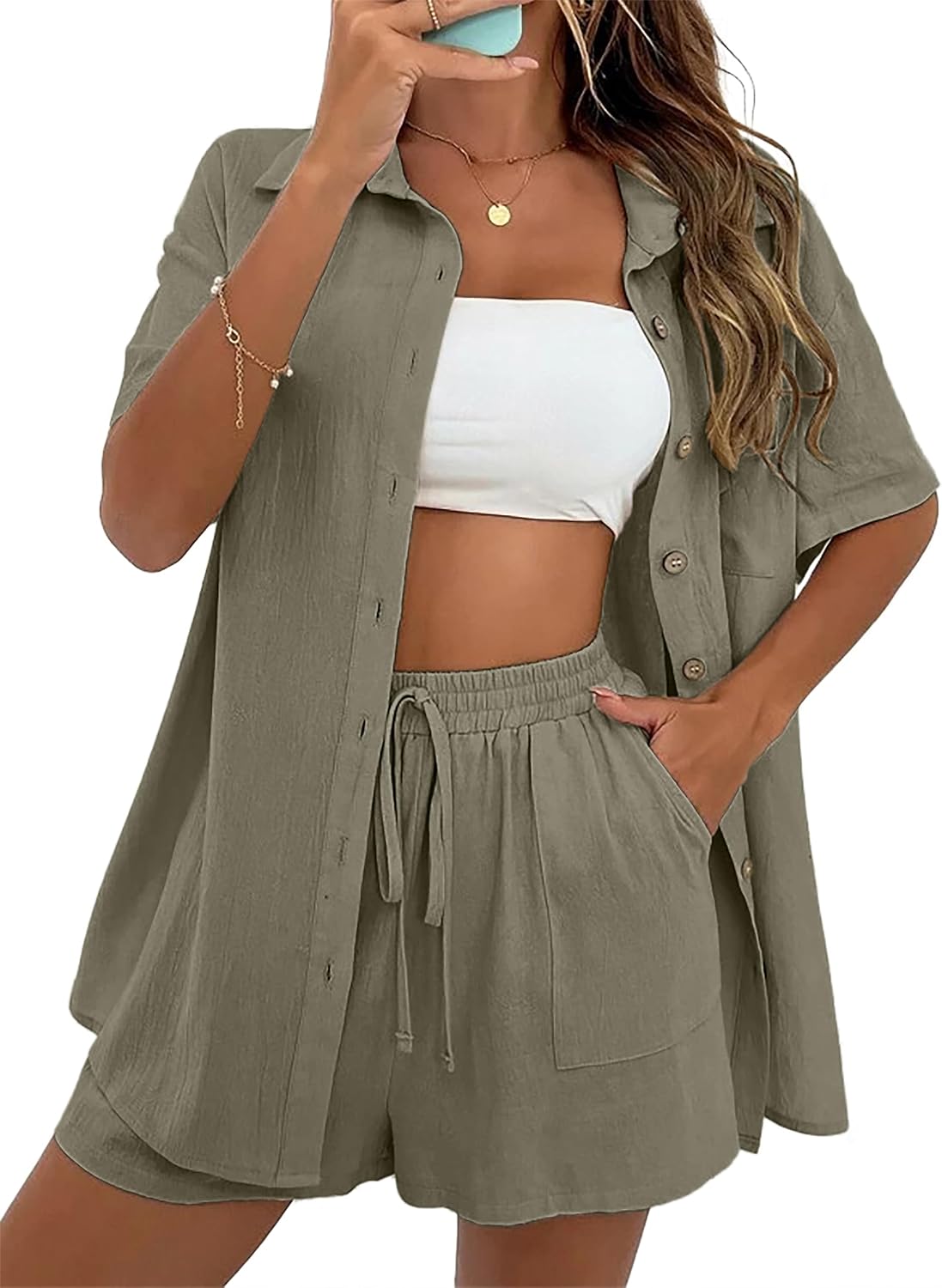Sixstar Women's Summer Two Piece Outfit Linen Feel Shirt Casual Vacation Beach Shorts Set