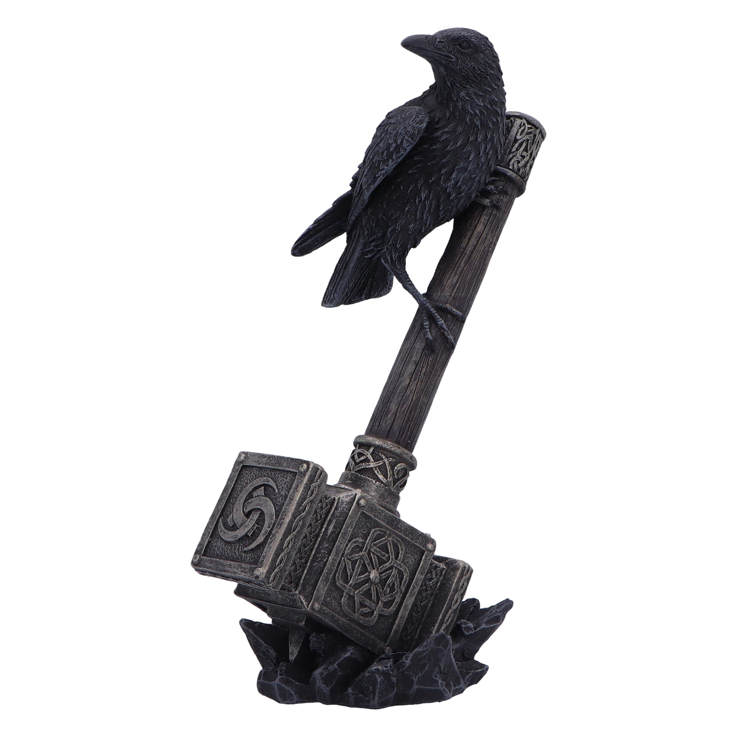 Nemesis Now Figura de Martillo de los Dioses de 23 cm, Resina, Escultura de Cuervo en el Martillo de Thor, Figura de Martillo de Thor, decoración de Dormitorio de mitología nórdica, fundida en la