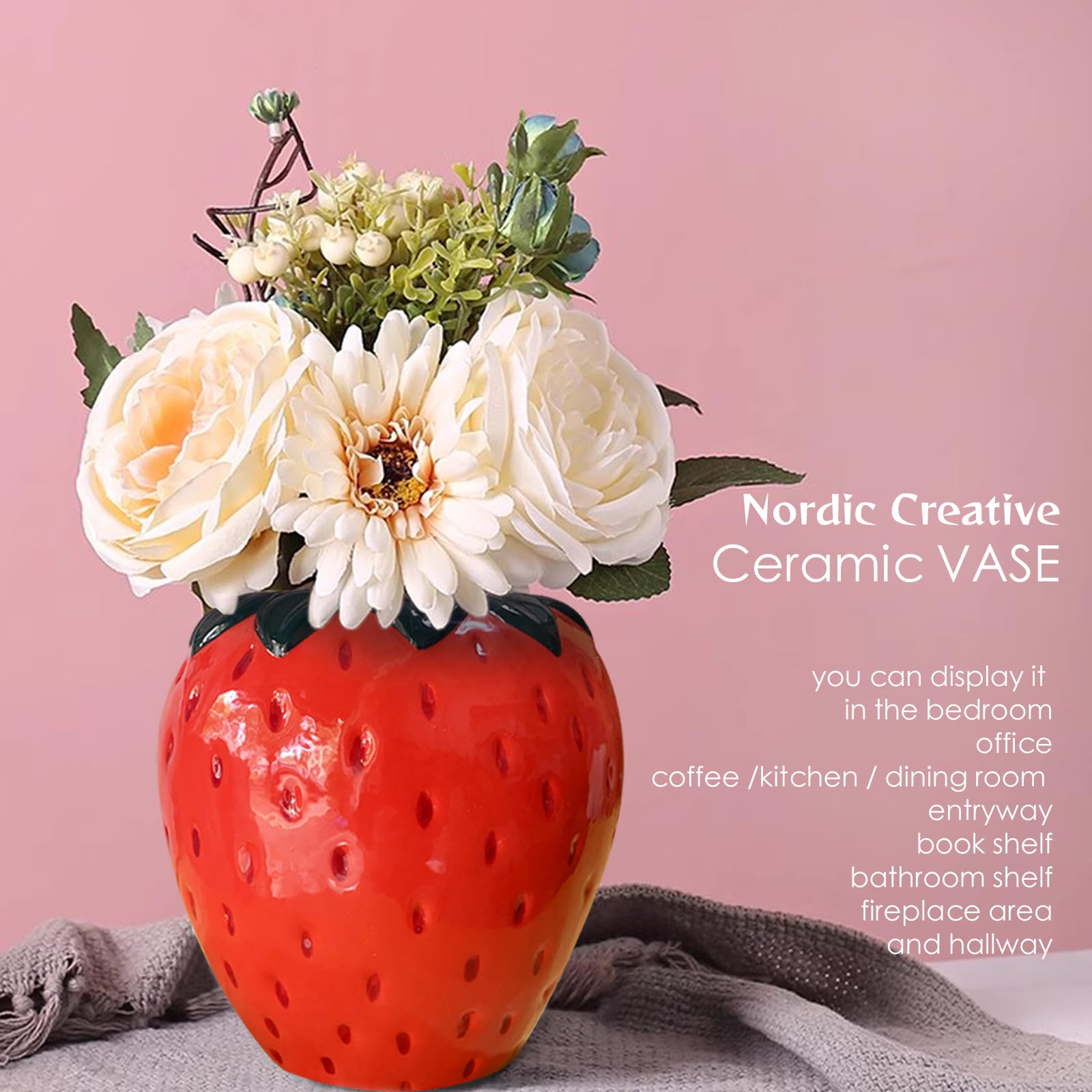 Cute Strawberry Flower Vase, Ceramic Strawberry Shaped Vase Fun Fruit Decor for Home Kitchen Bathroom, Pink - Image 2