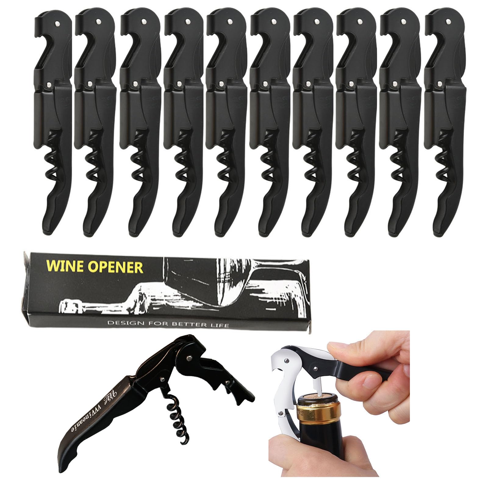 Tire-bouchon double charnière en acier inoxydable noir pour serveur et restaurant (Lot de 10)