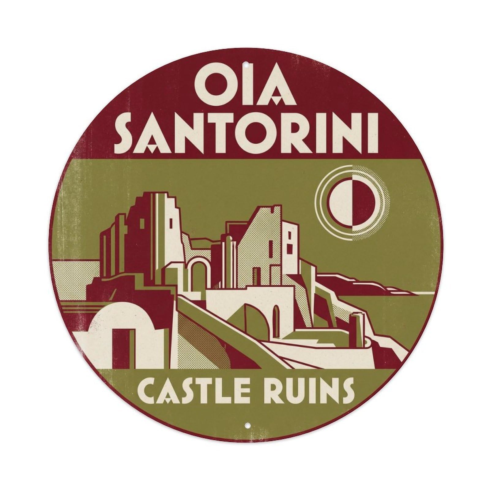 Oia Castle Ruins Santorini Greece Aegean Sea Volcanic Metal Tin Sign