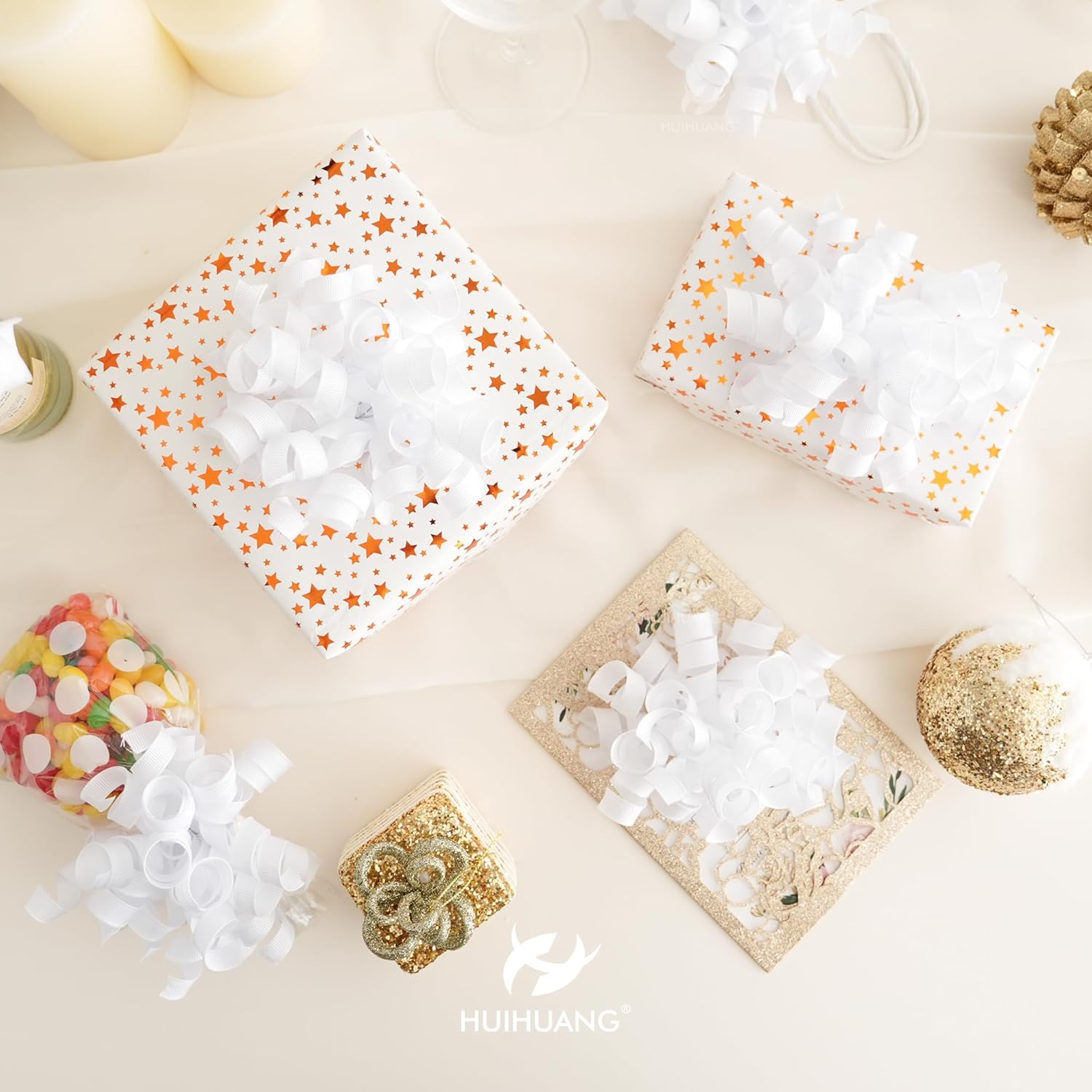 HUIHUANG White Bows for Gift Wrapping, White Curly Ribbon Bows Self Adhesive Burst Gift Bow for Christmas Presents, Wine Bottle, Treat Bags, Bridal Shower Wedding Party Favor - 6 Counts - Image 6