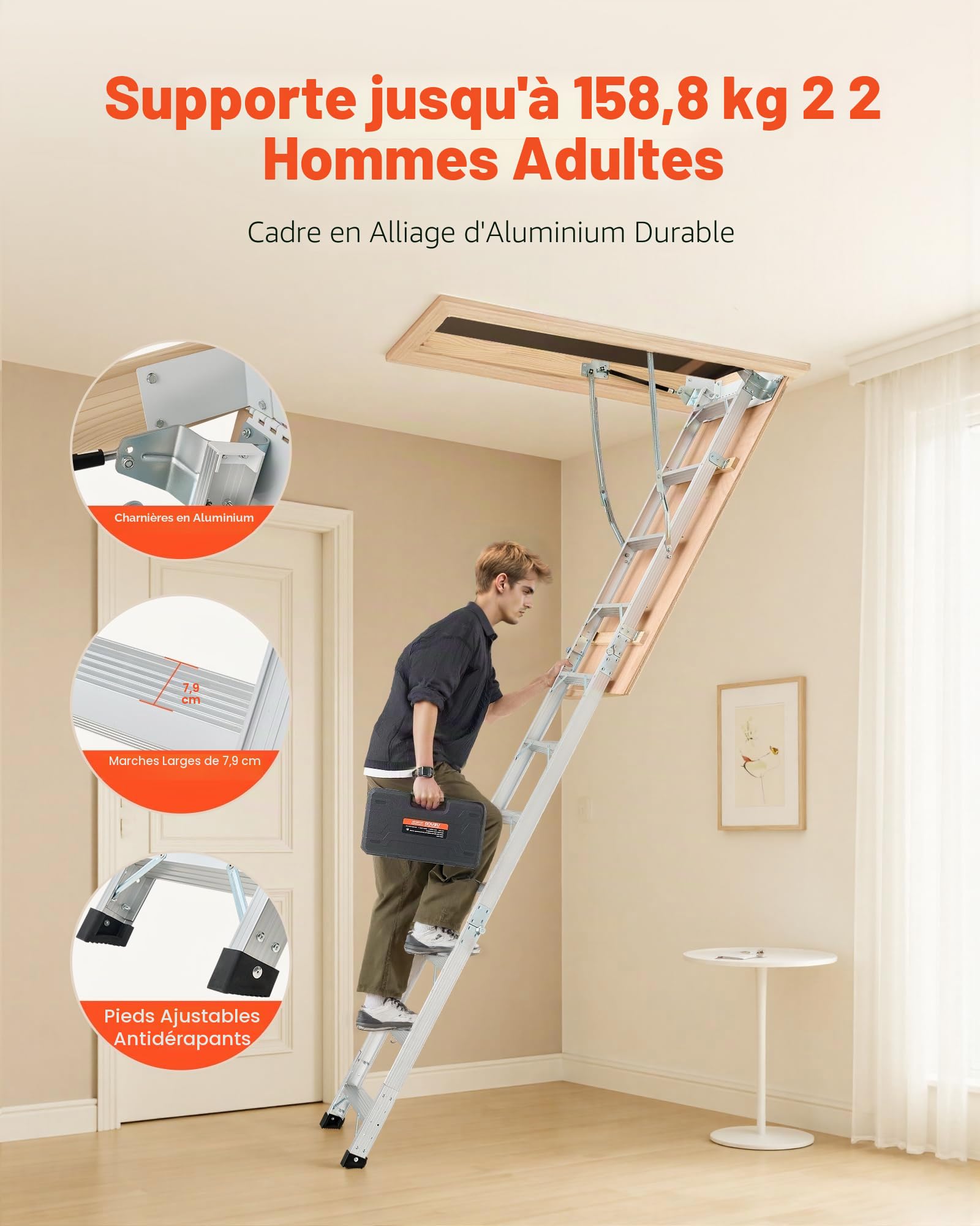VEVOR Échelle de Grenier, Capacité Charge 170 kg, Escalier de Grenier Escamotable, Hauteur Installation 3 à 3,13 m, Marche 80 mm, Échelle Pliable Polyvalent Aluminium, pour Accès Pratique aux Greniers