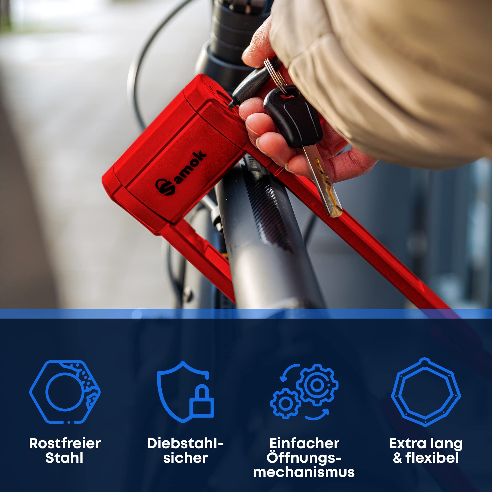 Samok® Lucchetto pieghevole per bicicletta, lunghezza 120 cm, con supporto, pieghevole, con chiave, alta sicurezza, livello 10, antifurto, per e-bike, bici da strada e MTB