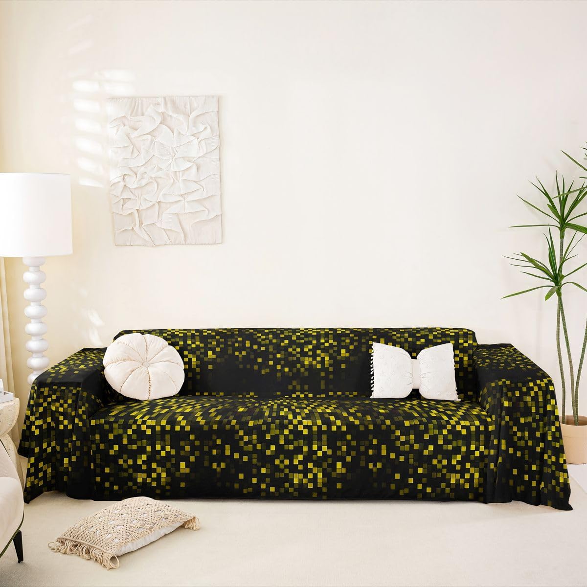 Castle Fairy Pixelated Blocks Sofa Slipcover,Video Games Gamepad Couch Cover,Geometric Grid Patchwork Sofa Towel for Living Room Decor,Black Yellow Couch Protector,71" x 118"