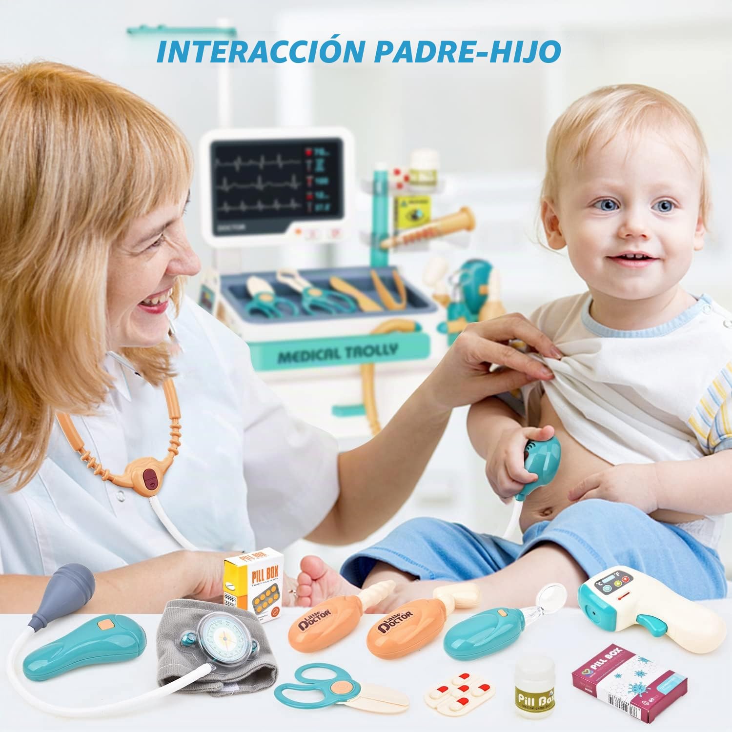Sotodik Medicos Juguete 26PCS Juguetes de Medicos Accesorios con Luces y Sonido, Termómetros, Estetoscopios el Papel de Carrito Móvil Juguetes Educativos para Niños