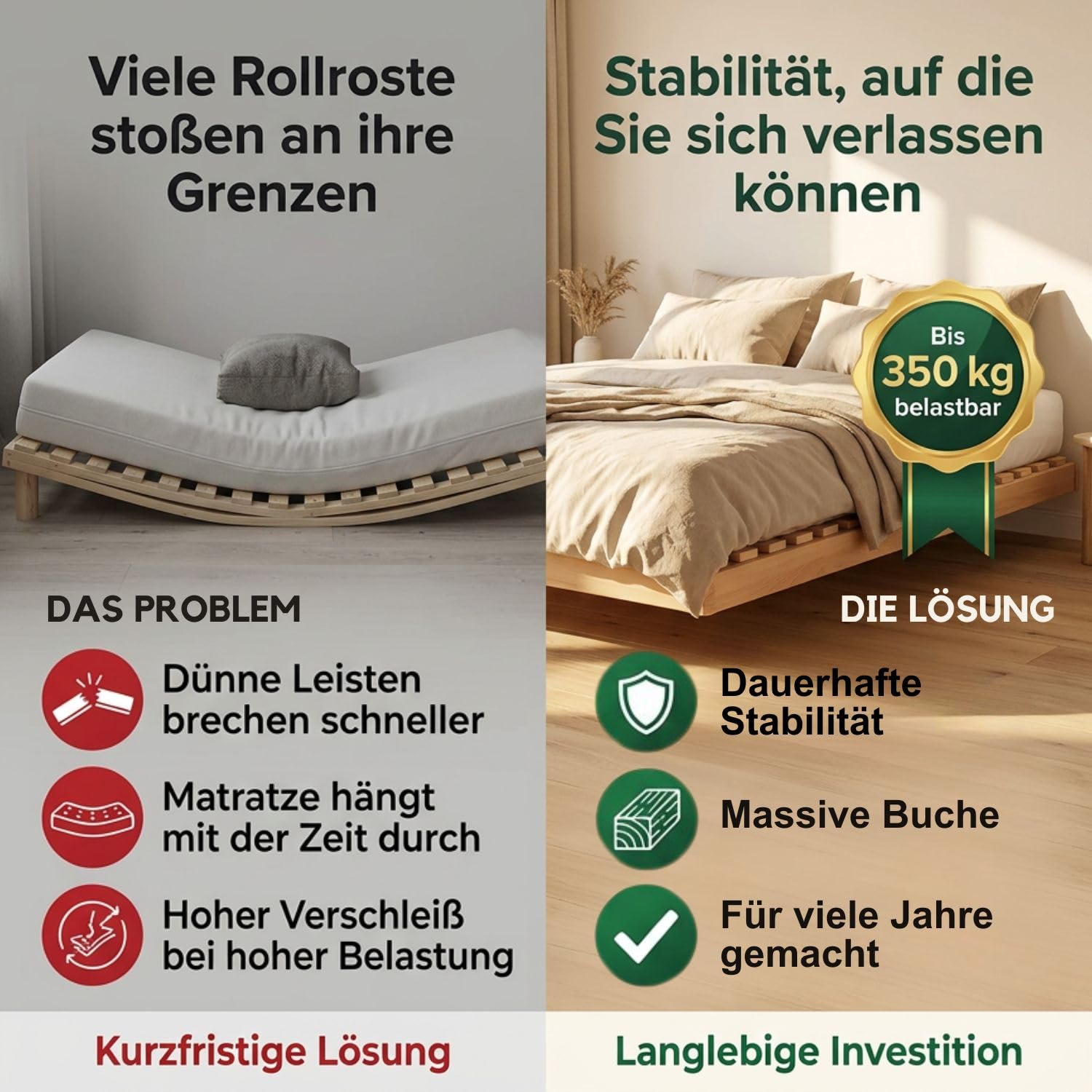 Coemo Rollrost Rolllattenrost 21 Leisten 6 Befestigungspunkte 140 x 200 cm Lattenrost aus Buche Holz - Belastbar bis 350 kg - Ohne Montage