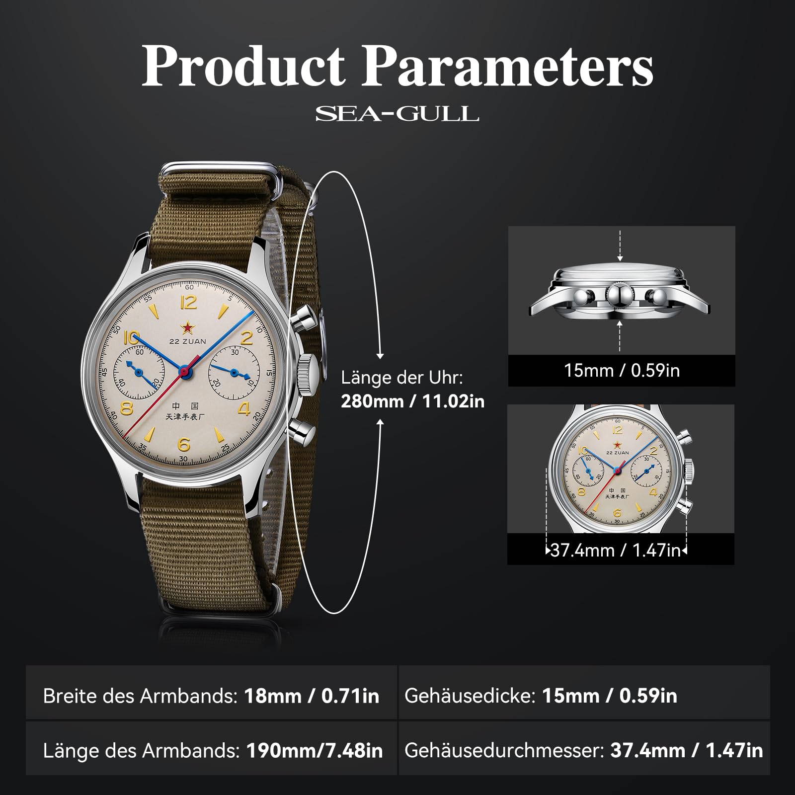 Seagull Herren Mechanische Armbanduhr 1963 Luftfahrt Chronograph Pilot Mechanische Uhr Handaufzug GD 1963 International Edition ST1901
