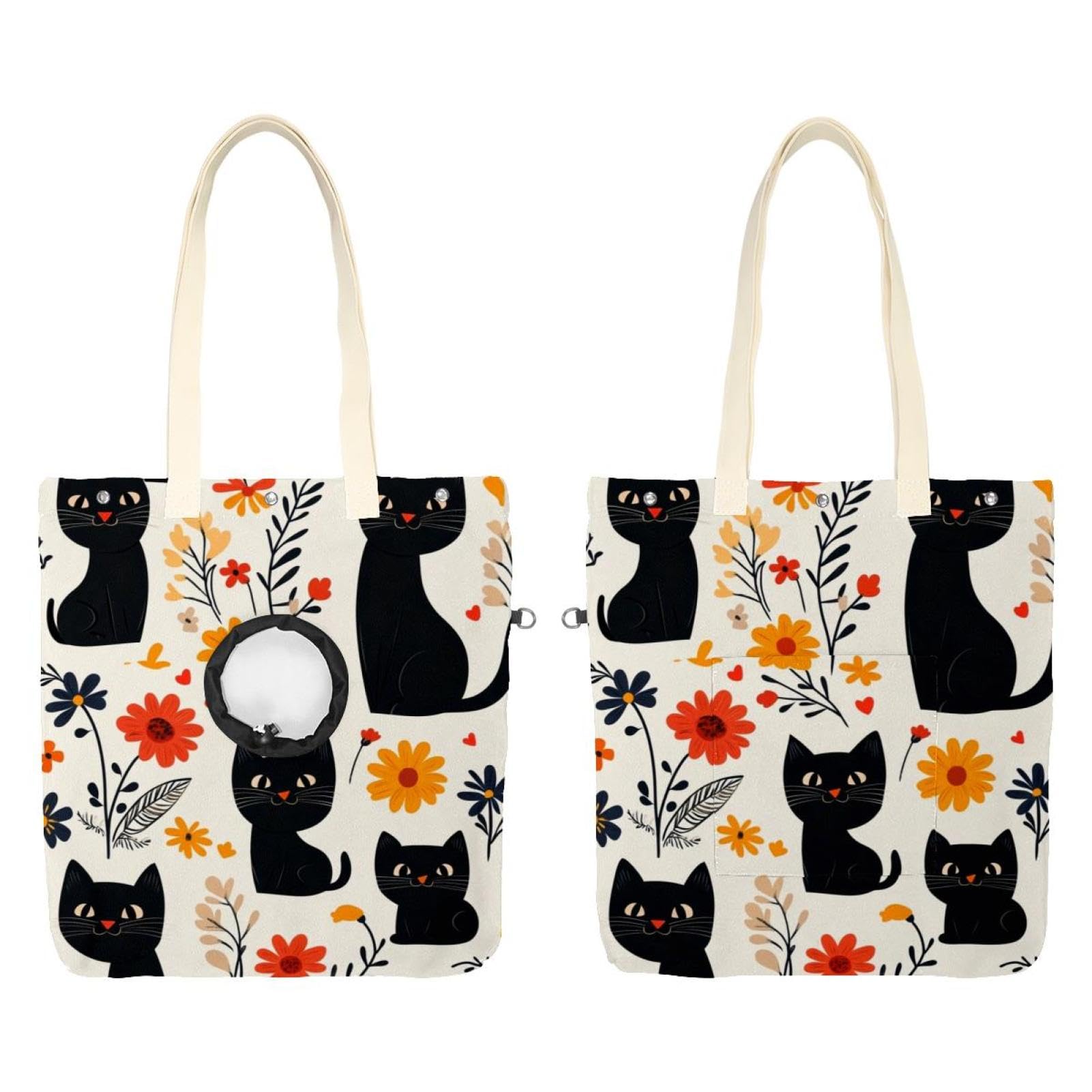 Bolsa de hombro de lona para mascotas con diseño de gatos negros para paseos