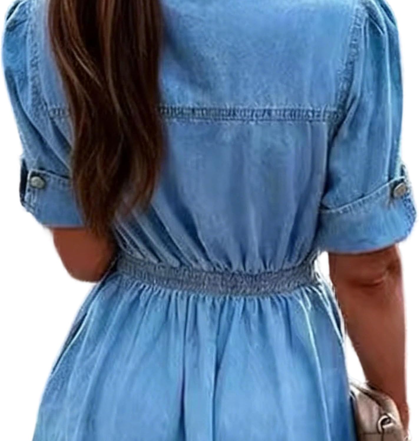Women's V Neck Bottom Down Denim Shirt Dress Short Sleeve -Line Long Jeans Western Dresses with Pockets